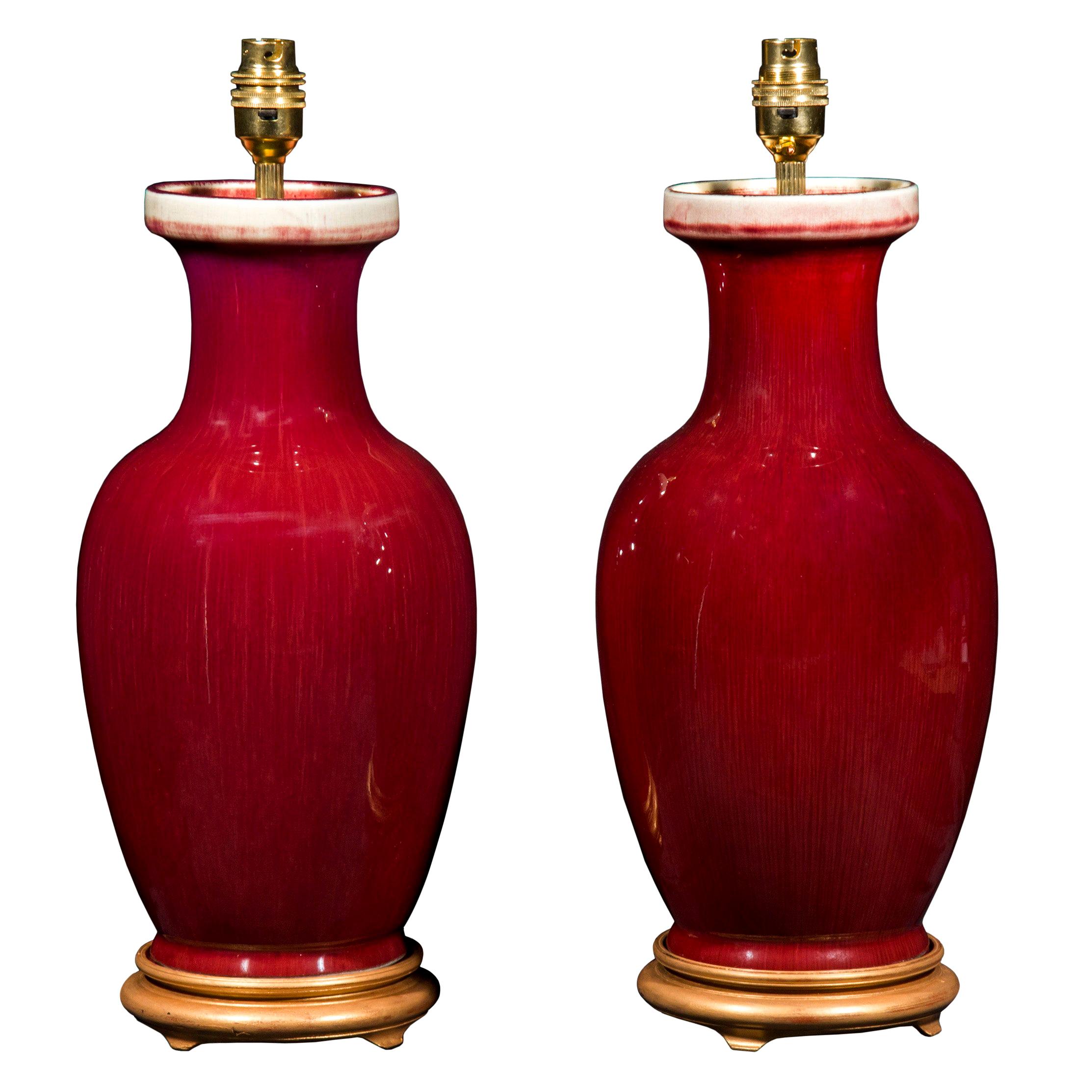 Pair of Chinese Sang-de-Boeuf Oxblood Glazed Porcelain Vase Lamps