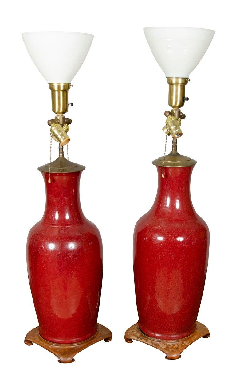 Pair of Chinese Sang De Boeuf Porcelain Table Lamps In Good Condition In Essex, MA