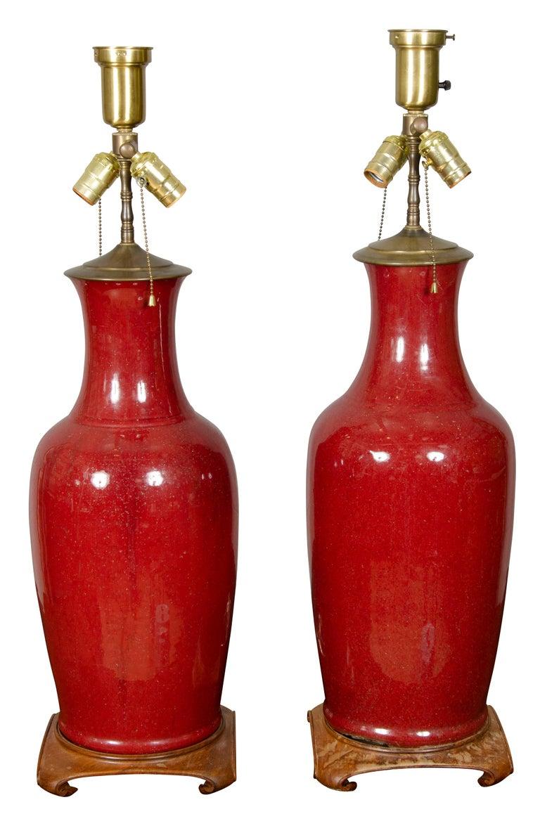 19th Century Pair of Chinese Sang De Boeuf Porcelain Table Lamps