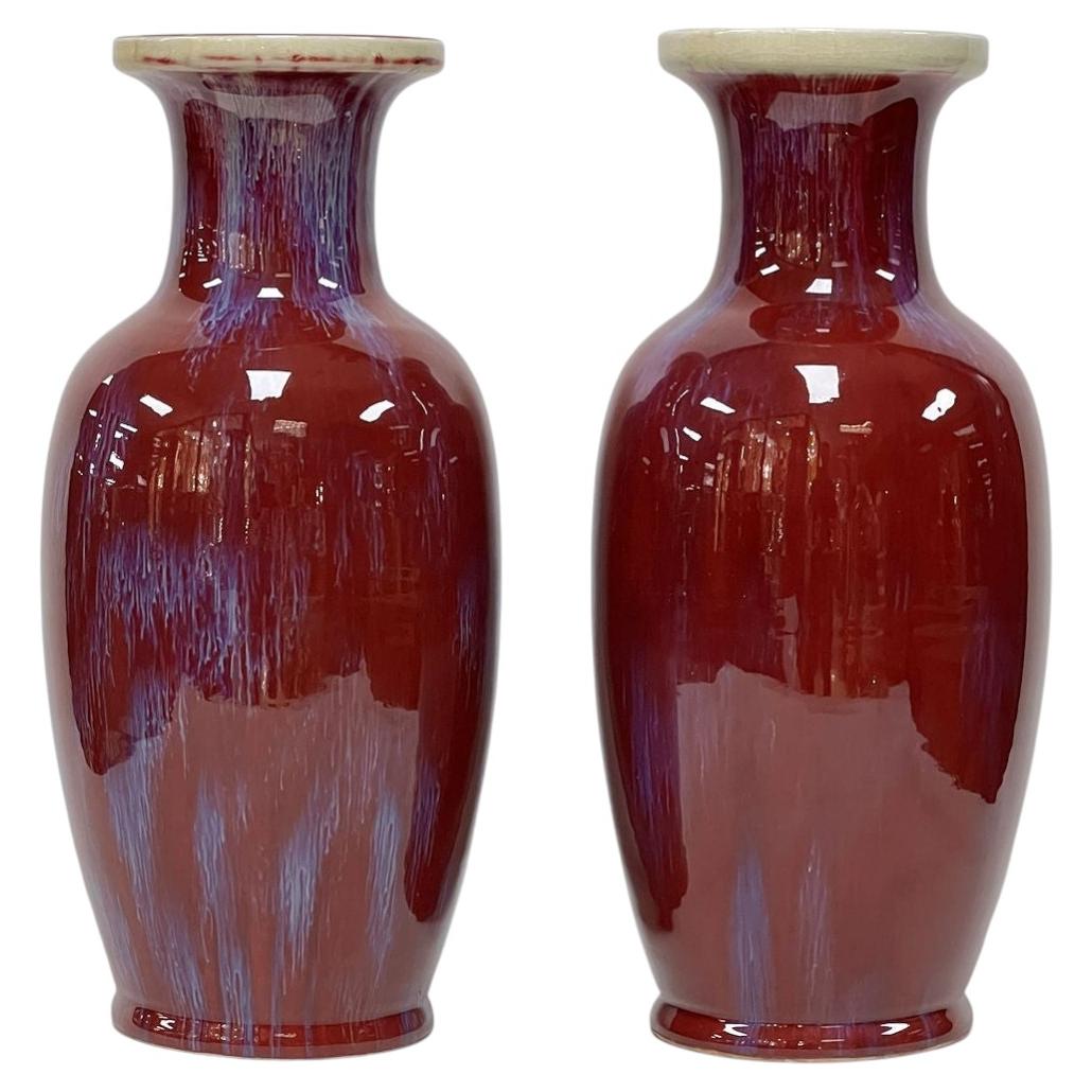 Pair of Chinese Sang de Boeuf Rust Red Glazed Ceramic Vases