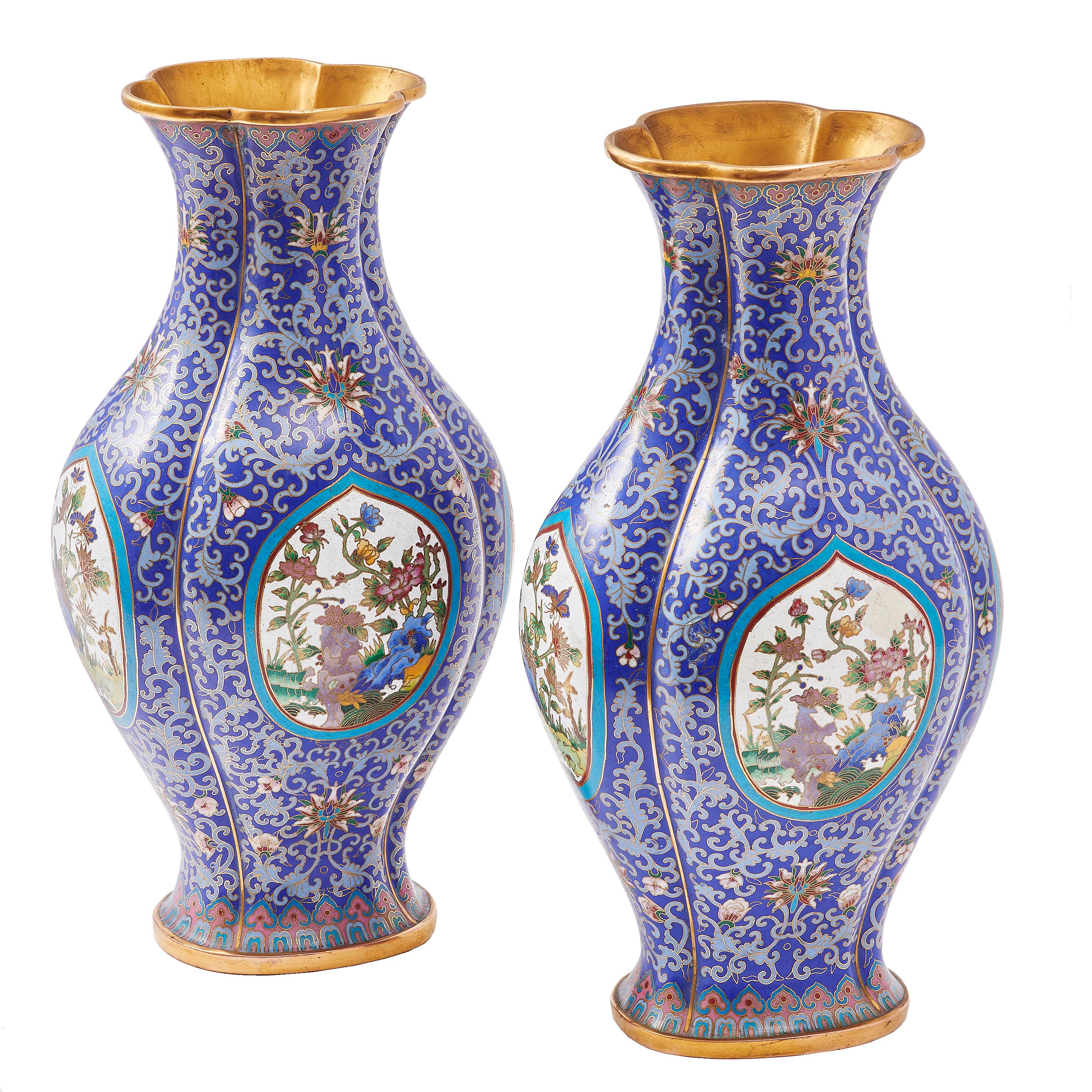 Pair of Chinese Shaped Cloisonné Blue Enamel Vases, circa 1920 For Sale