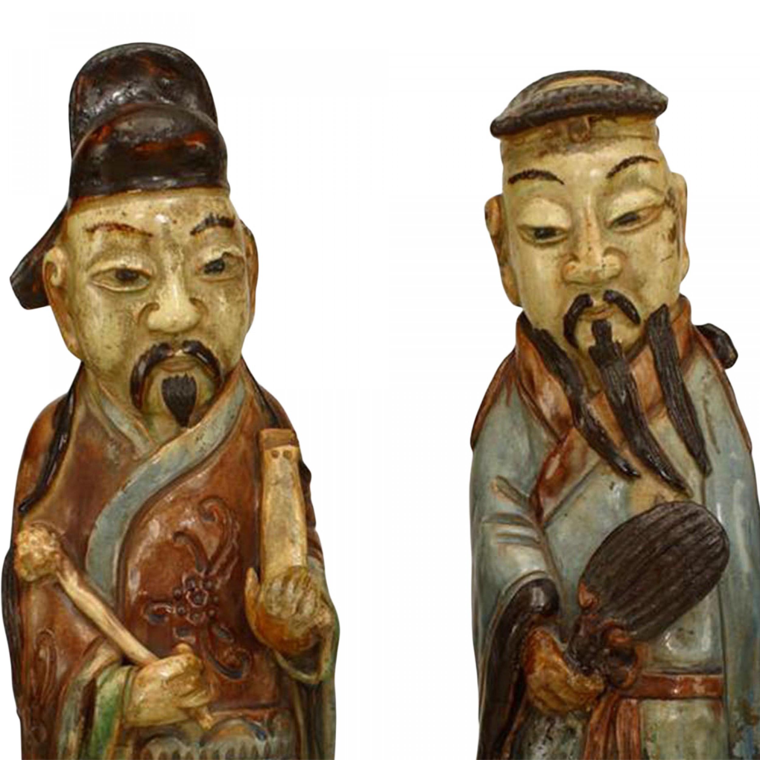 Glazed Pair of Chinese Shekwan pottery roof ornament male figures  For Sale