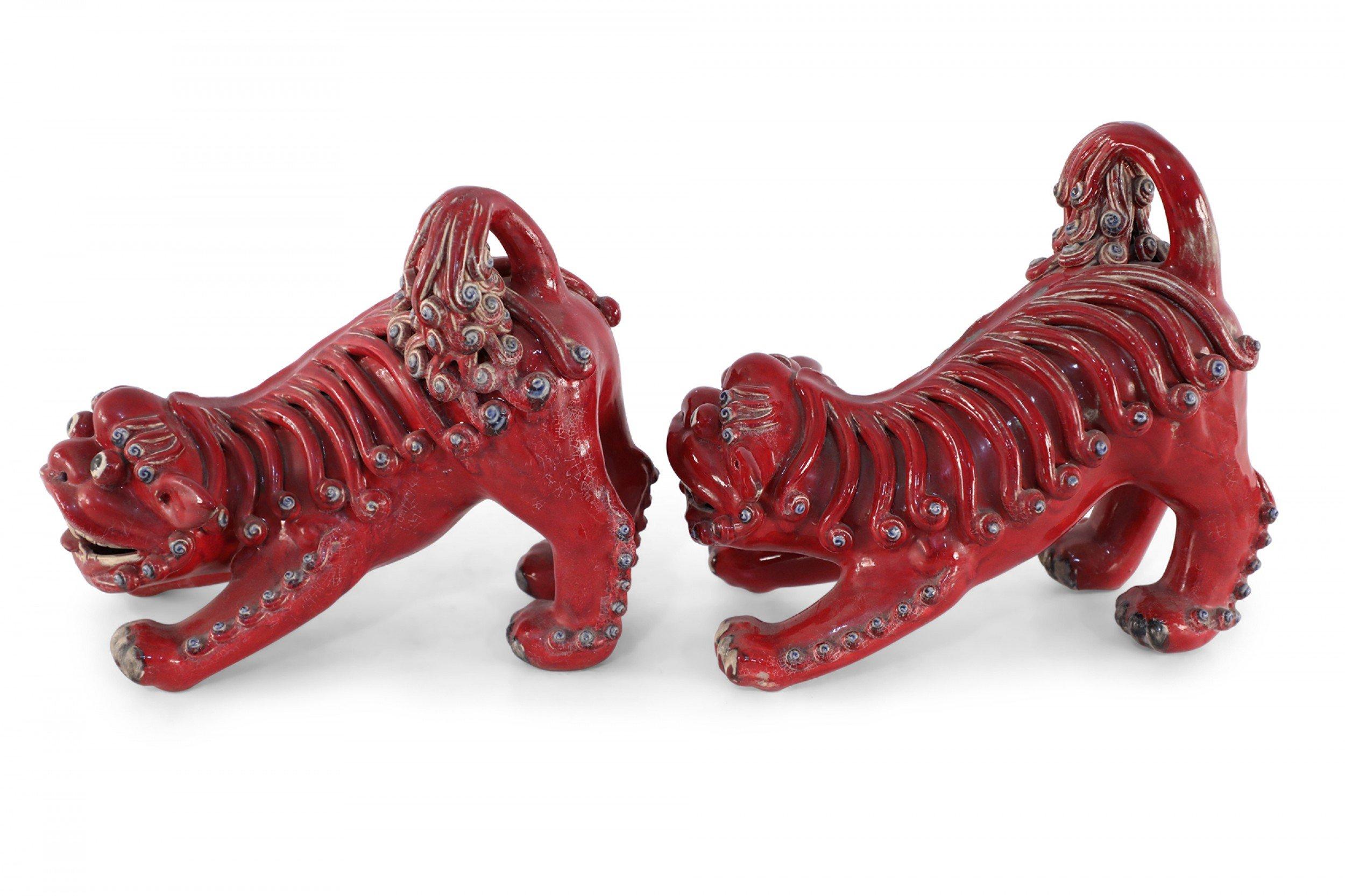 Pair of Chinese Shiwan Guangdong Red Porcelain Foo Dogs For Sale 5