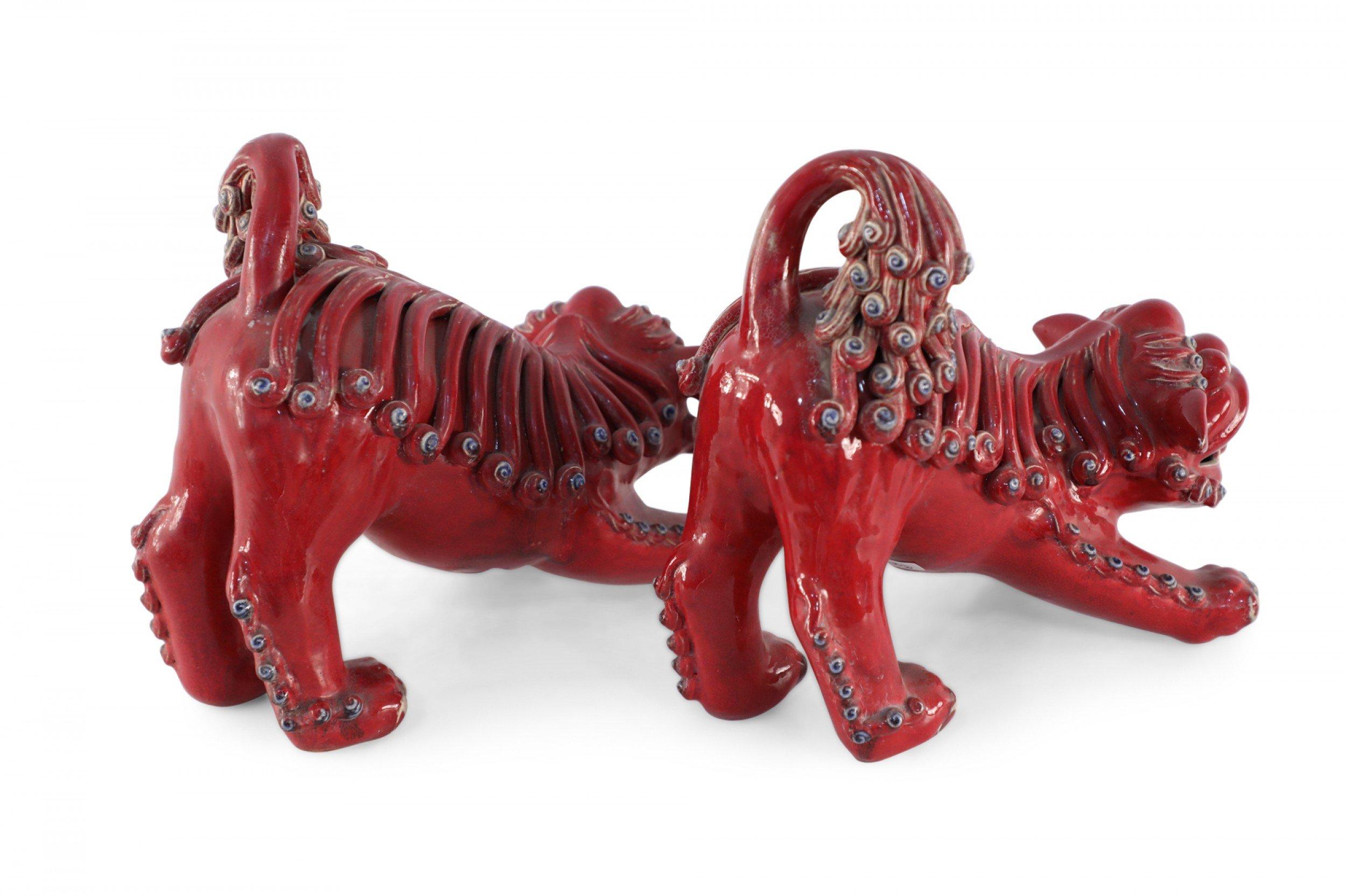 Pair of Chinese Shiwan Guangdong Red Porcelain Foo Dogs For Sale 2