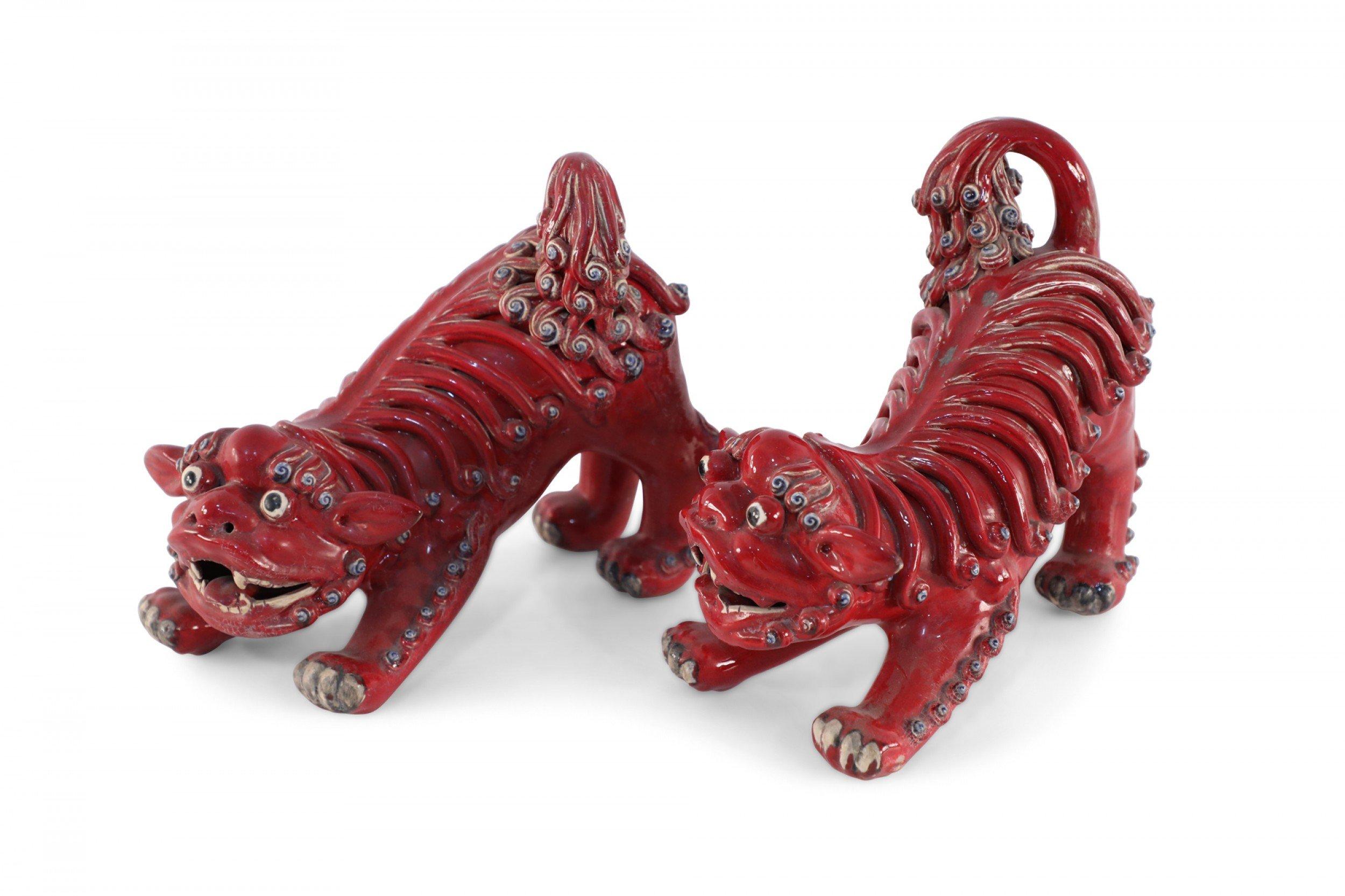 Pair of Chinese Shiwan Guangdong Red Porcelain Foo Dogs For Sale 3