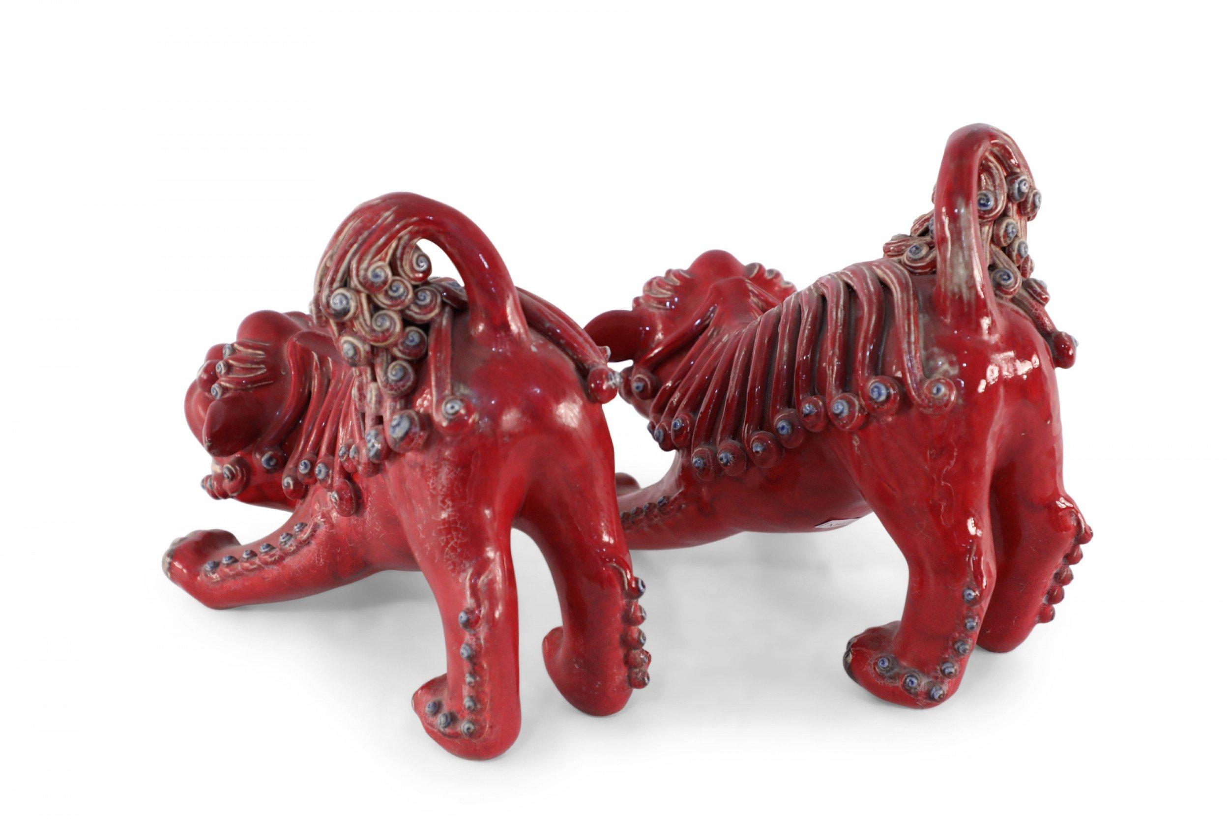 Pair of Chinese Shiwan Guangdong Red Porcelain Foo Dogs For Sale 4