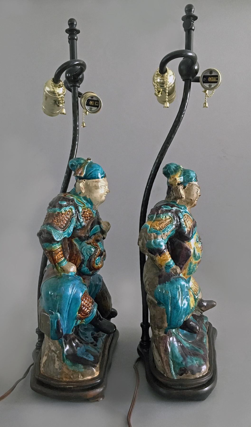 Glazed Pair of Chinese Shiwan Ware Pottery Warrior Lamps For Sale
