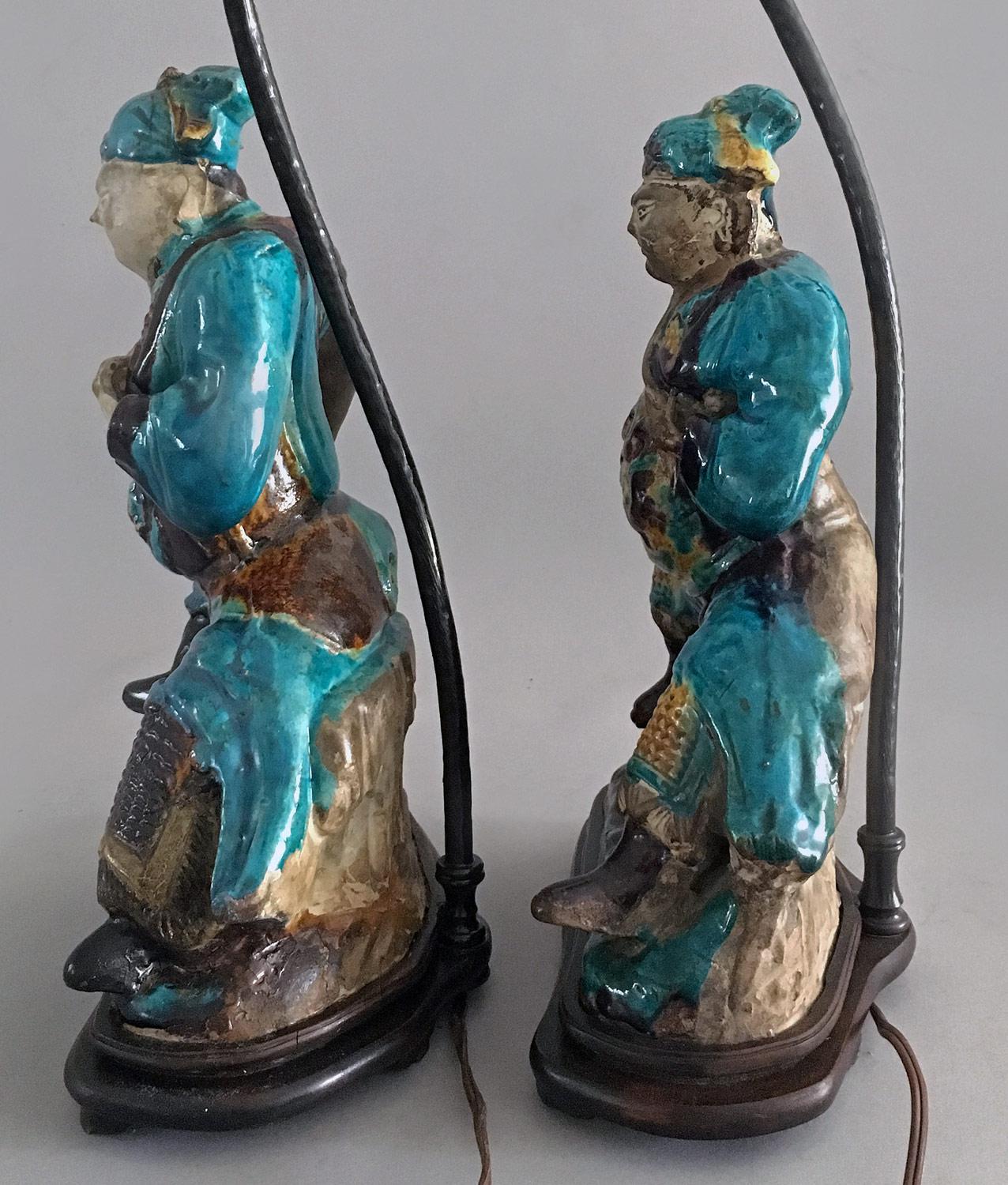 Pair of Chinese Shiwan Ware Pottery Warrior Lamps In Good Condition For Sale In Sheffield, MA