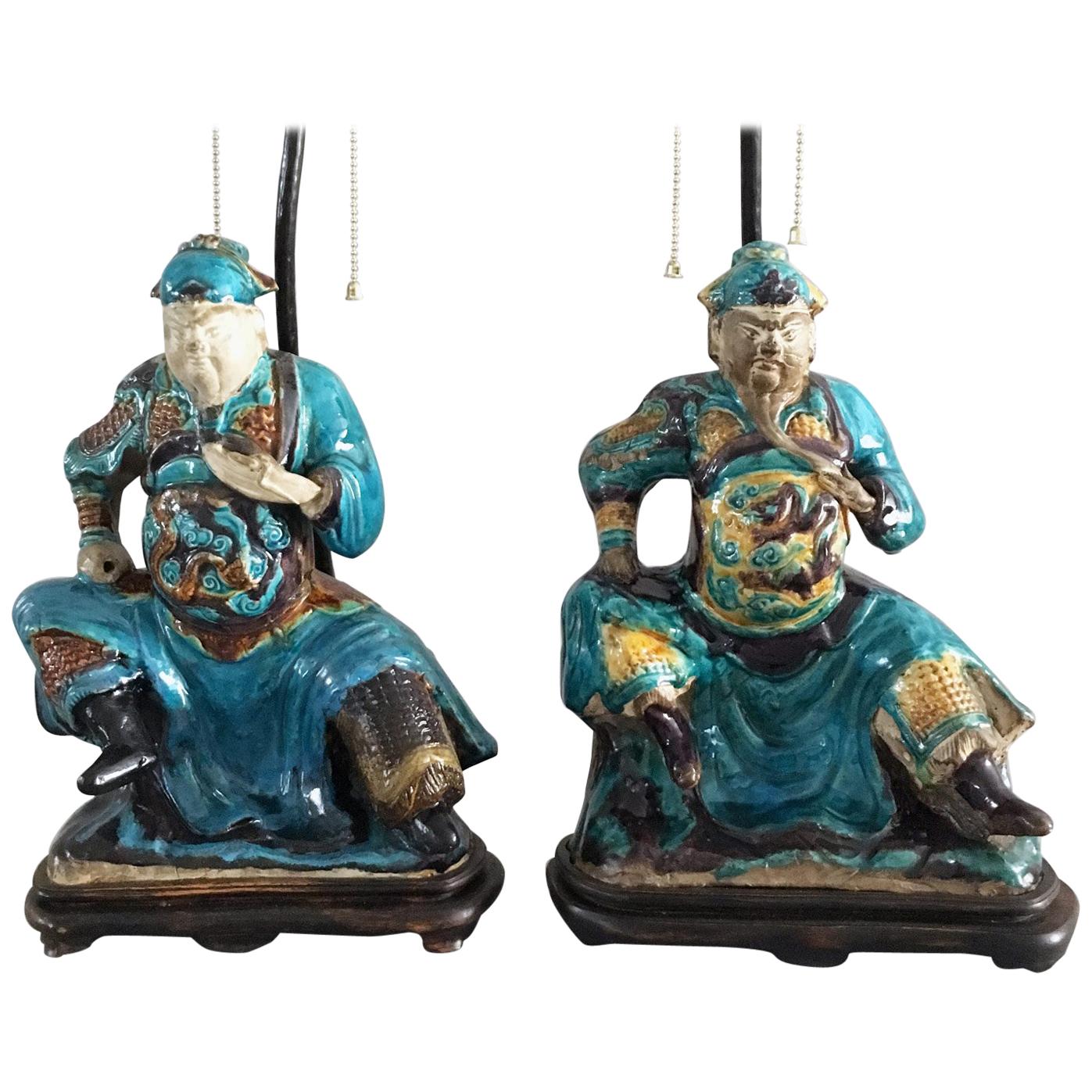 Pair of Chinese Shiwan Ware Pottery Warrior Lamps For Sale