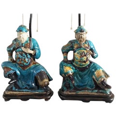 Pair of Chinese Shiwan Ware Pottery Warrior Lamps