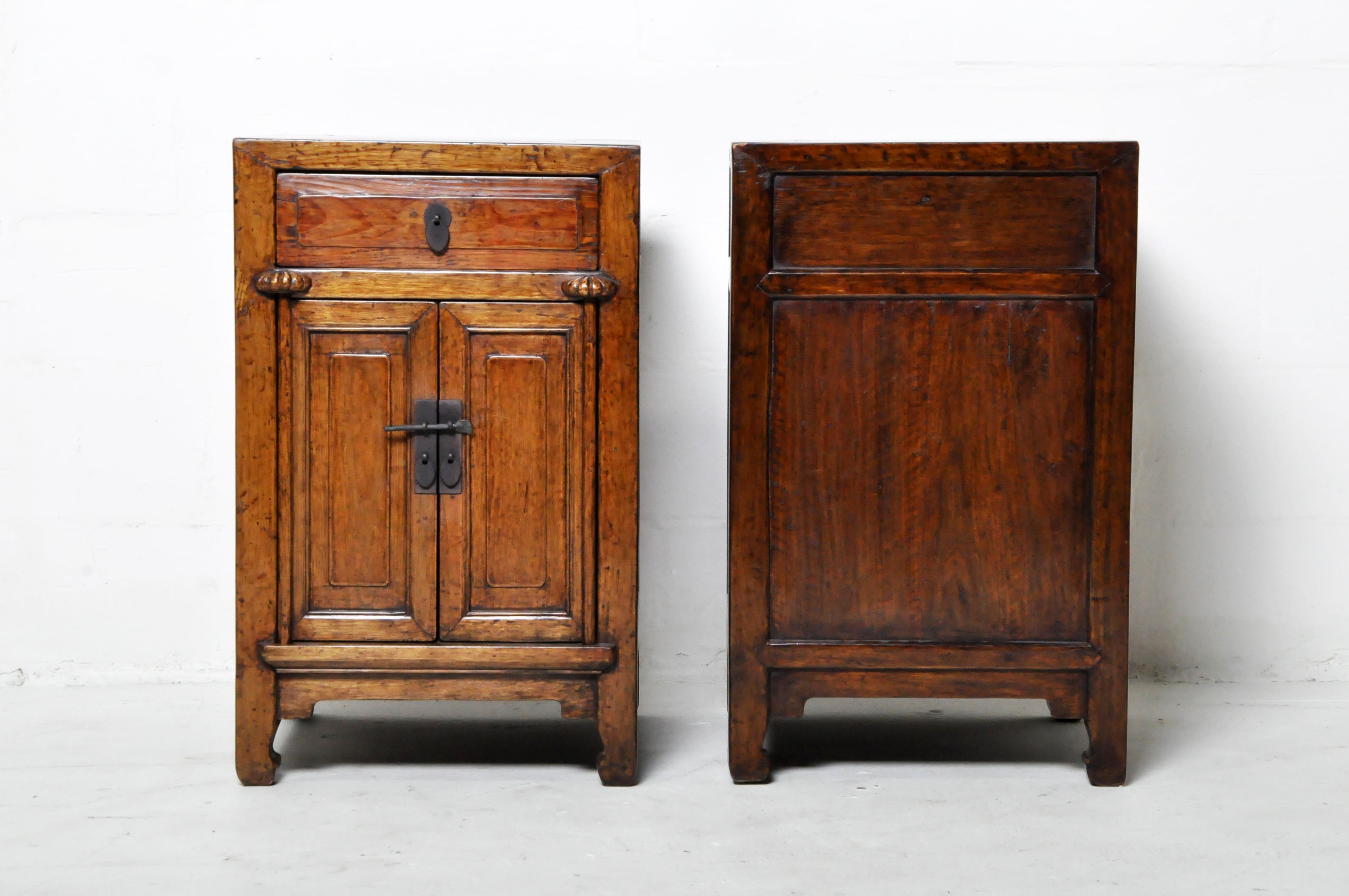 Pair of Chinese Side Cabinets with Two Drawers and a Pair of Doors In Good Condition In Chicago, IL