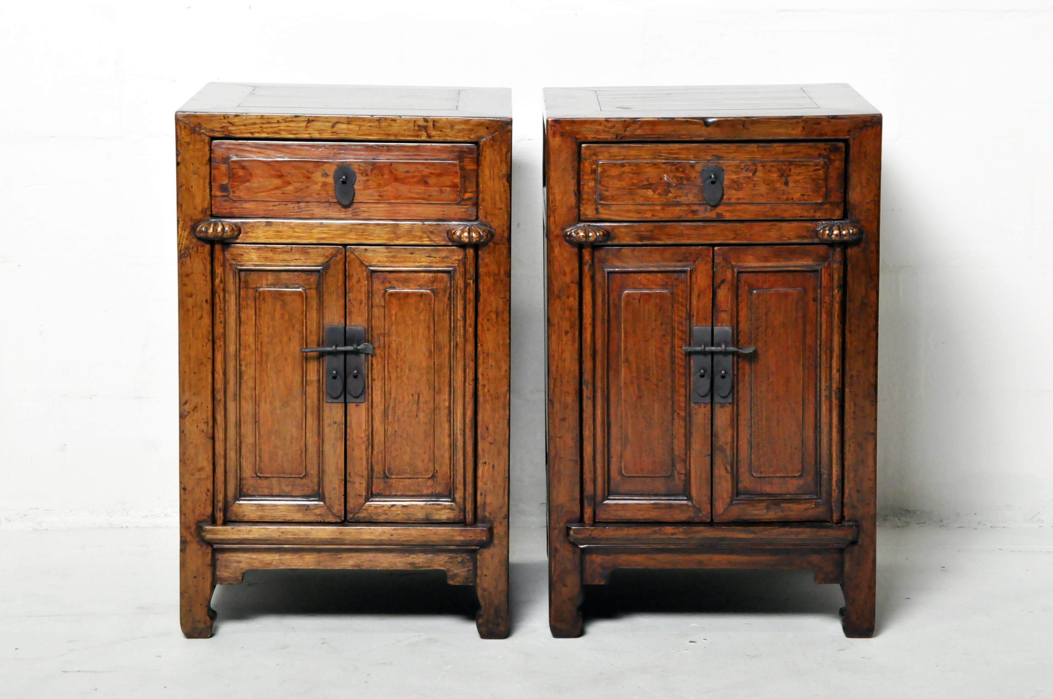 Elm Pair of Chinese Side Cabinets with Two Drawers and a Pair of Doors