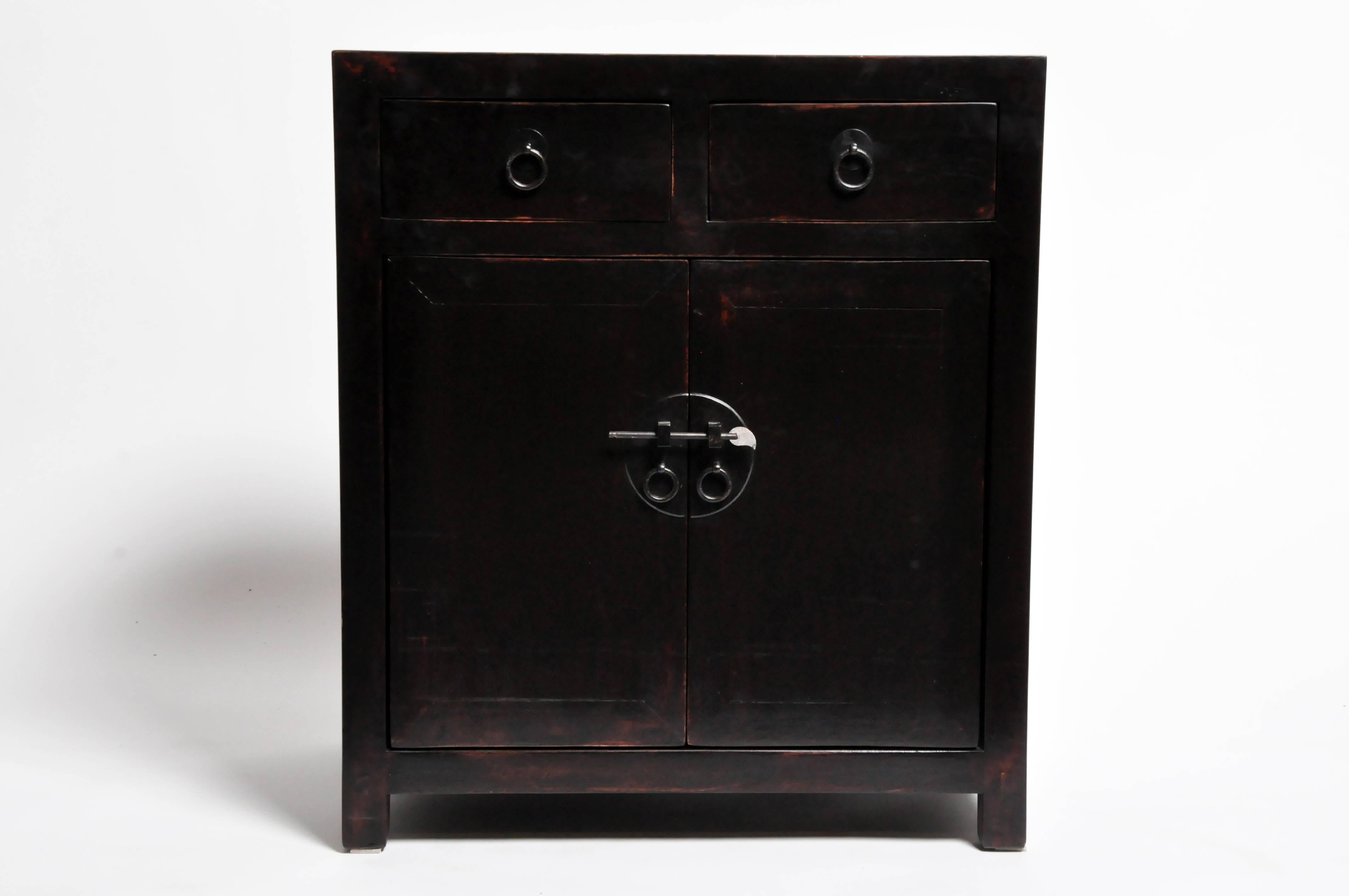 Contemporary Pair of Chinese Side Chests with Two Drawers and a Shelf