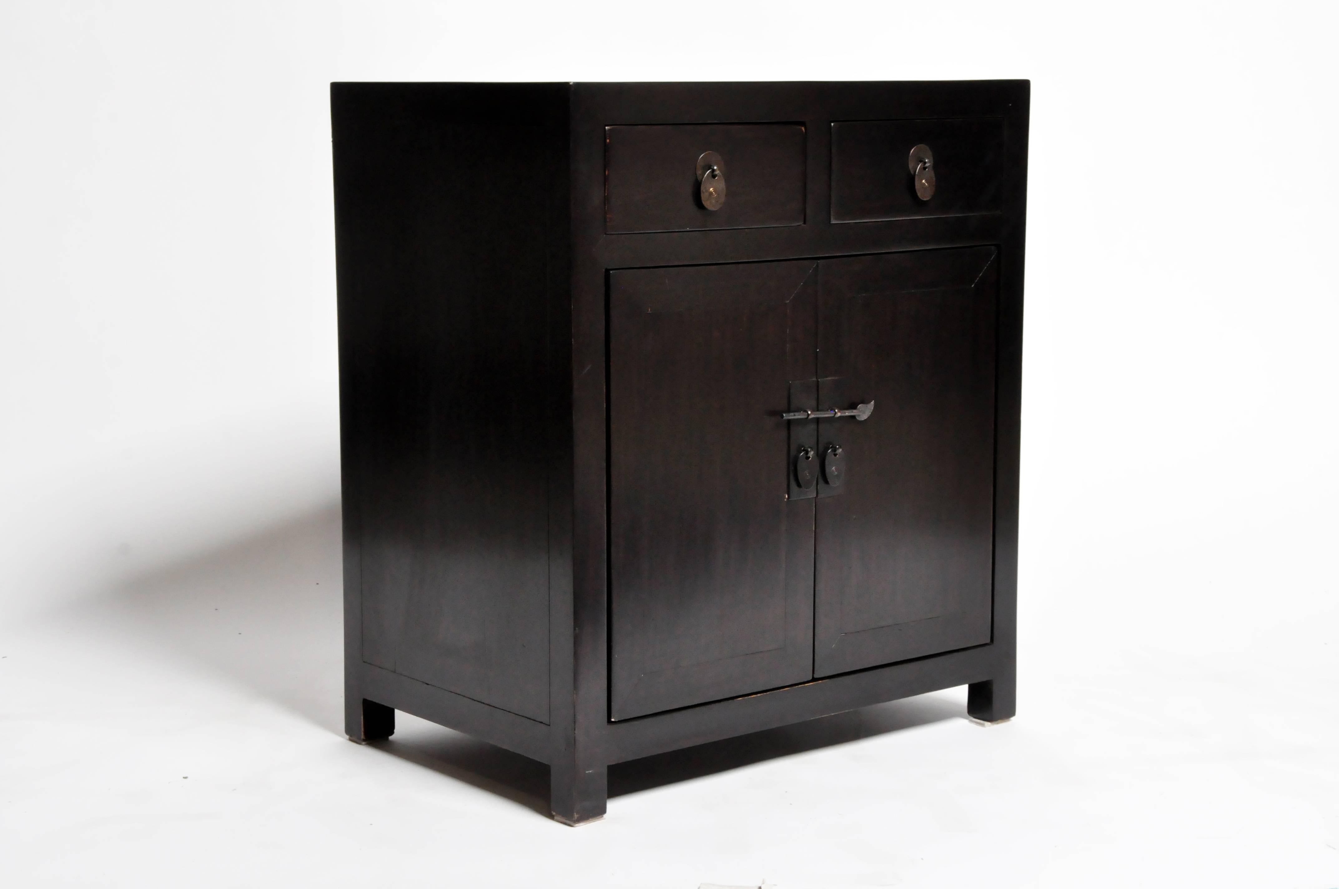 Elm Pair of Chinese Side Chests with Two Drawers and a Shelf