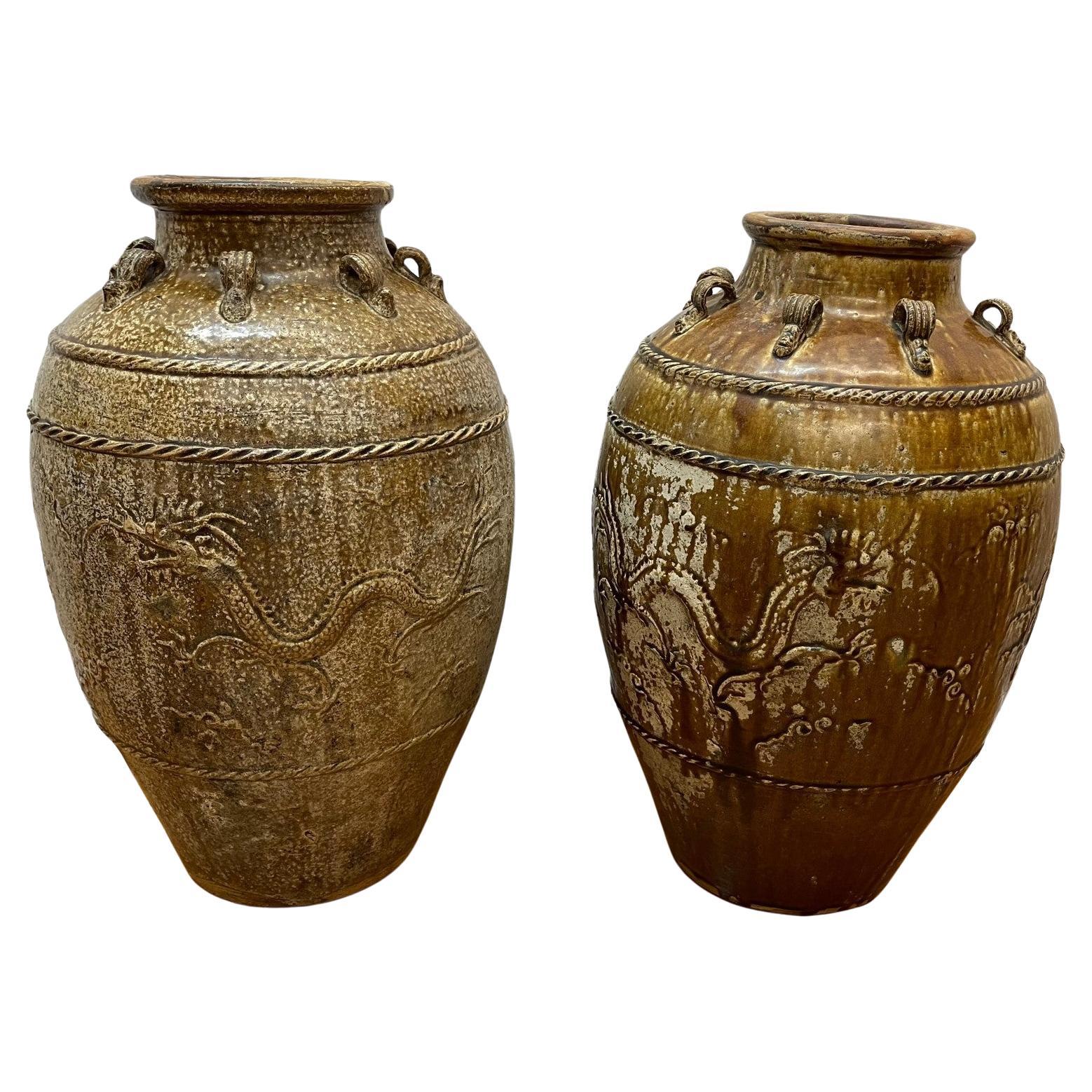 Pair of Chinese signed Martaban storage containers  For Sale