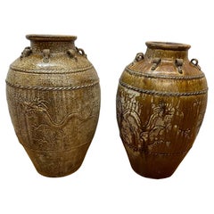 Pair of Chinese signed Martaban storage containers 
