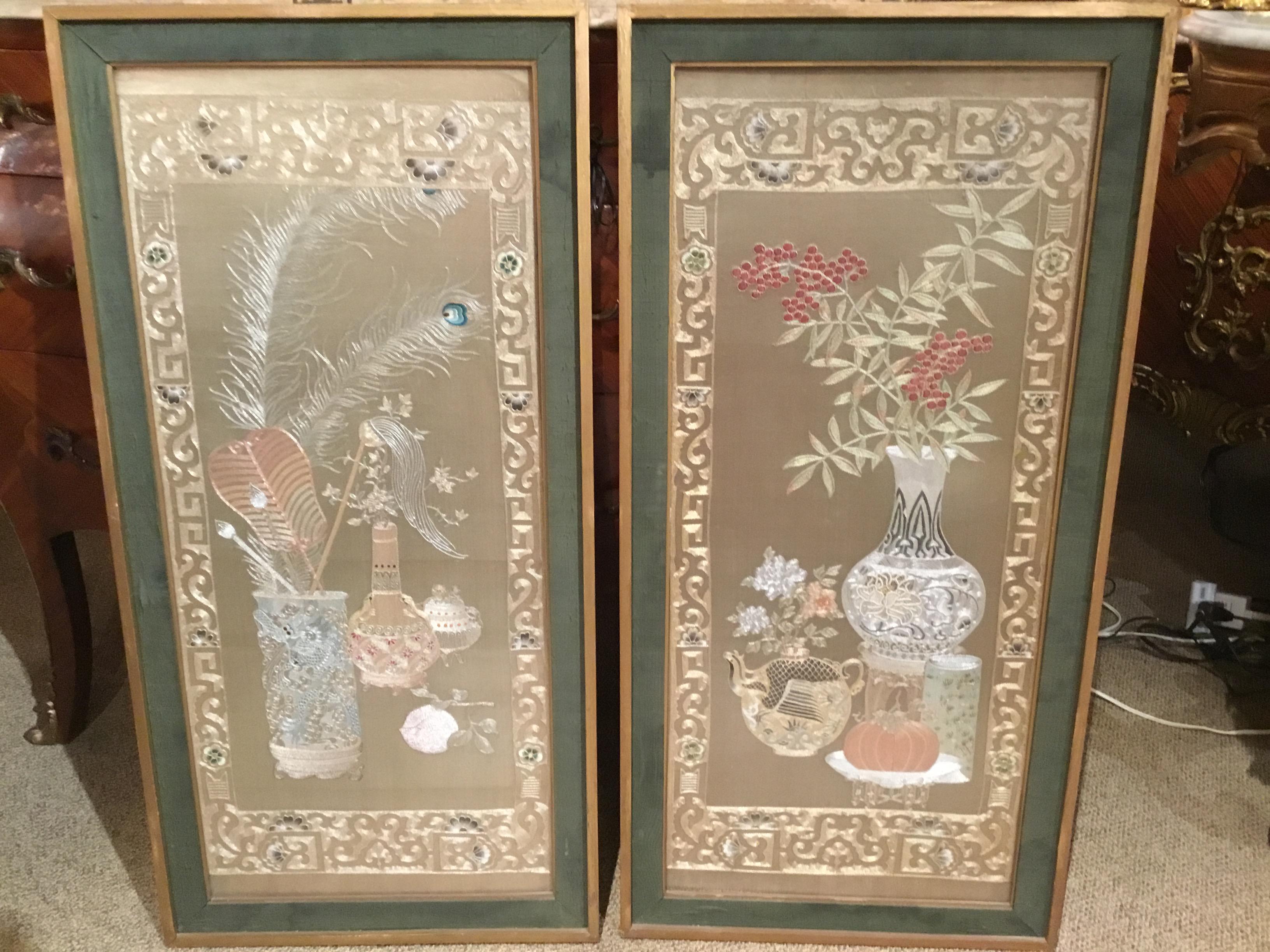 Pair of Chinese Silk Embroidered Panels, Early 20th Century 2