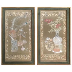 Antique Pair of Chinese Silk Embroidered Panels, Early 20th Century