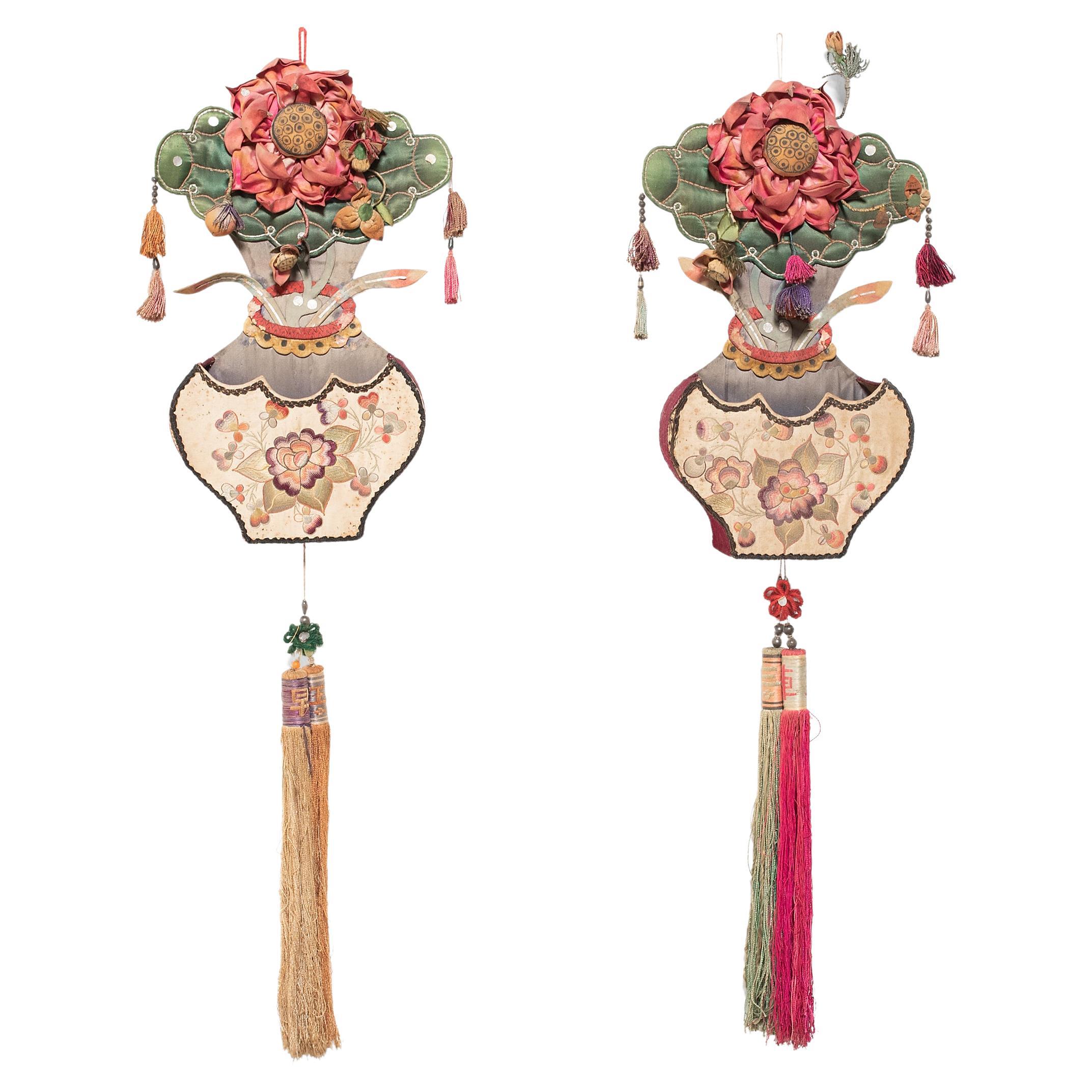 Pair of Chinese Silk Wall Pockets with Tassels, circa 1920