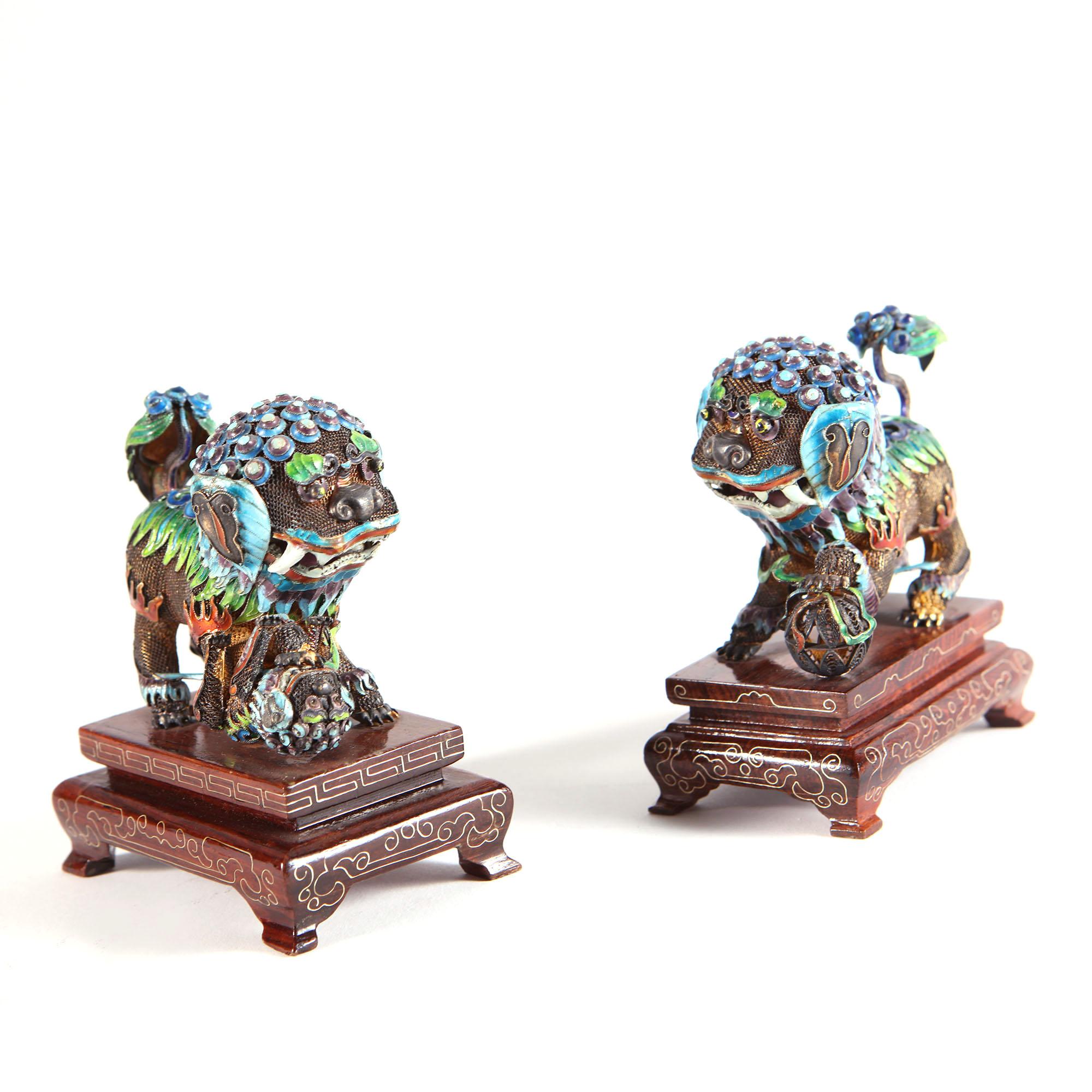 20th Century Pair of Chinese Silver Gilt Enamel Dogs of Fo