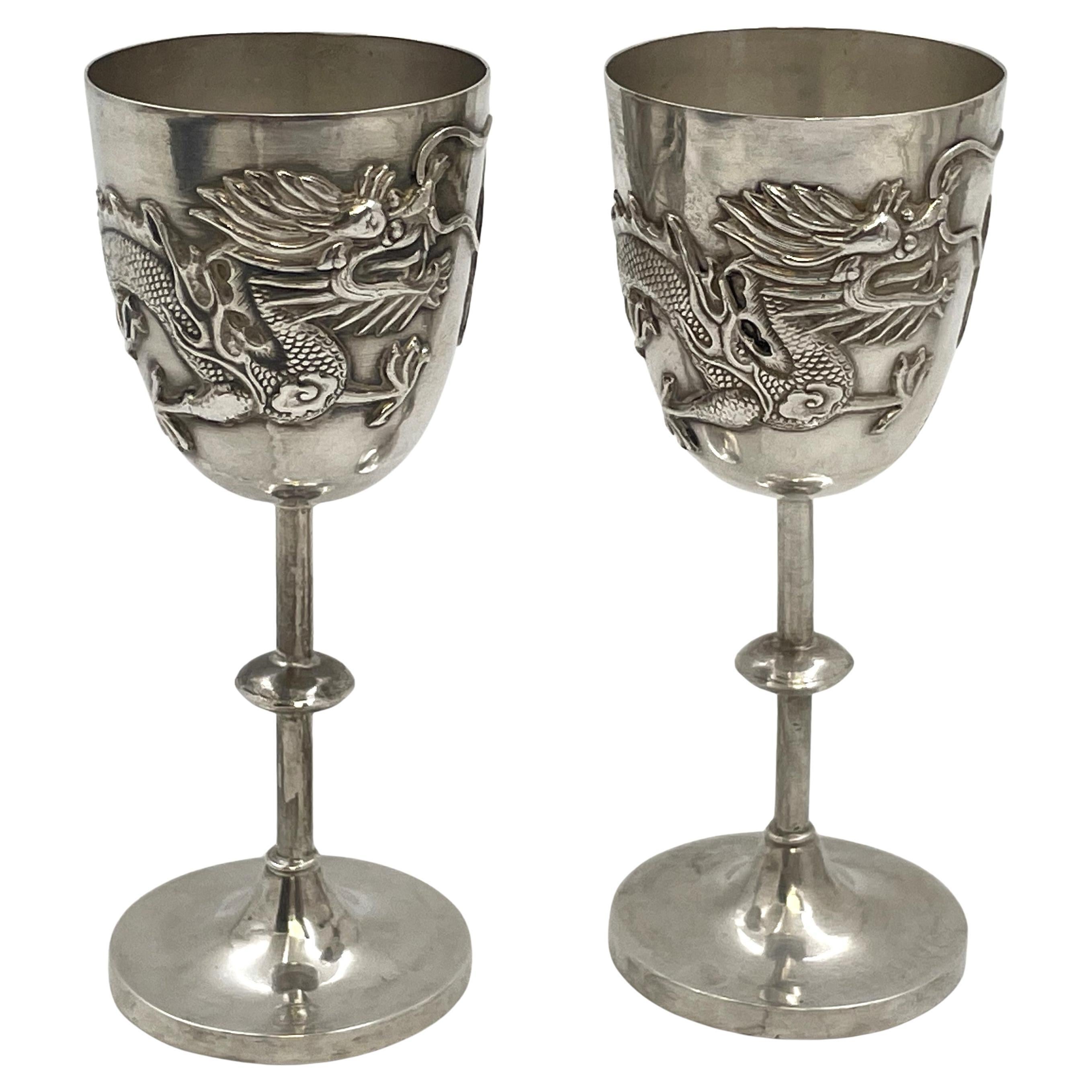 Pair of Chinese Silver Goblets with Dragon Motifs