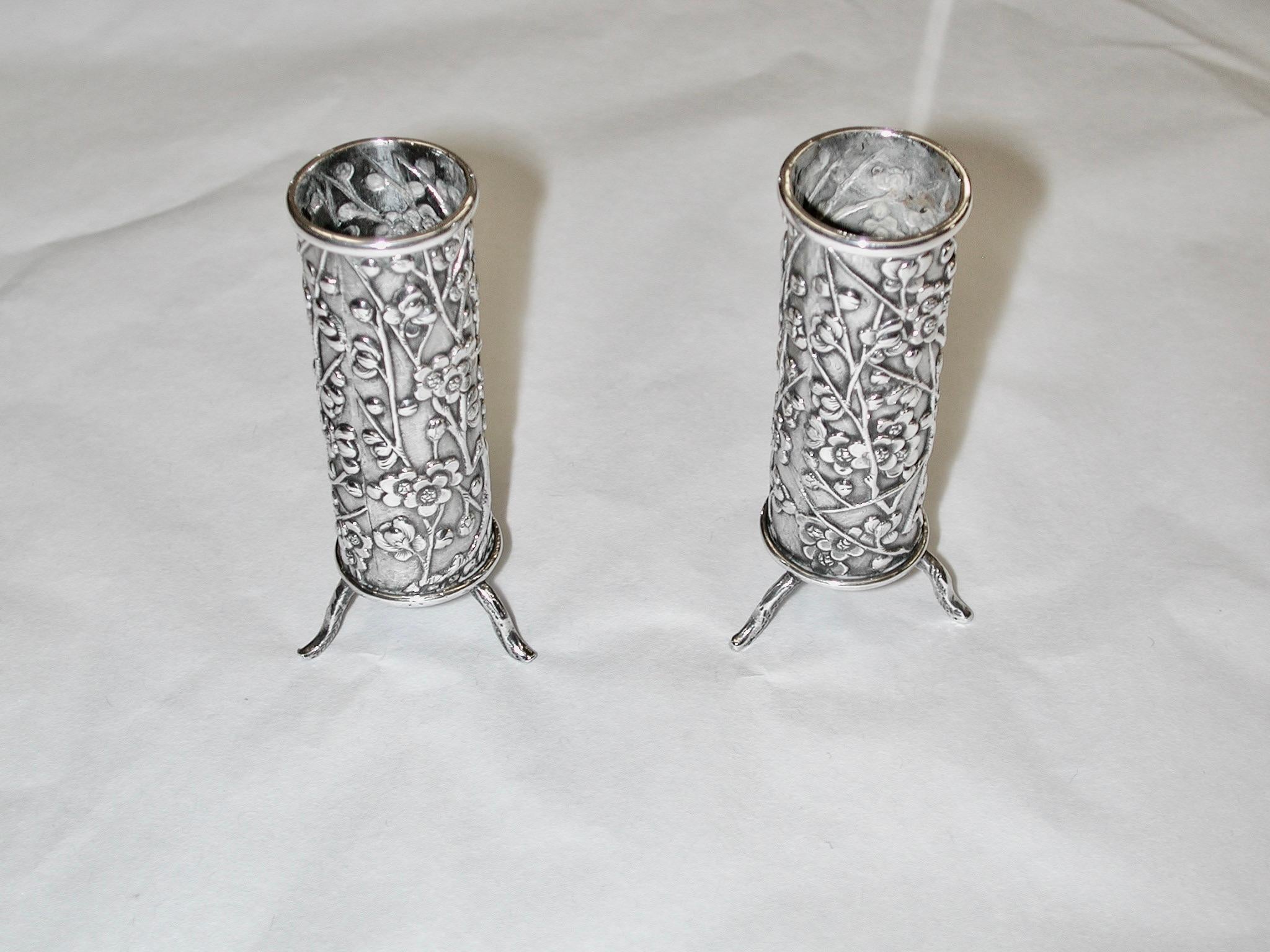 Pair of Chinese Silver Prunus Blossom Vases, Maker Wang Hing & Co, circa 1890 In Good Condition For Sale In London, GB