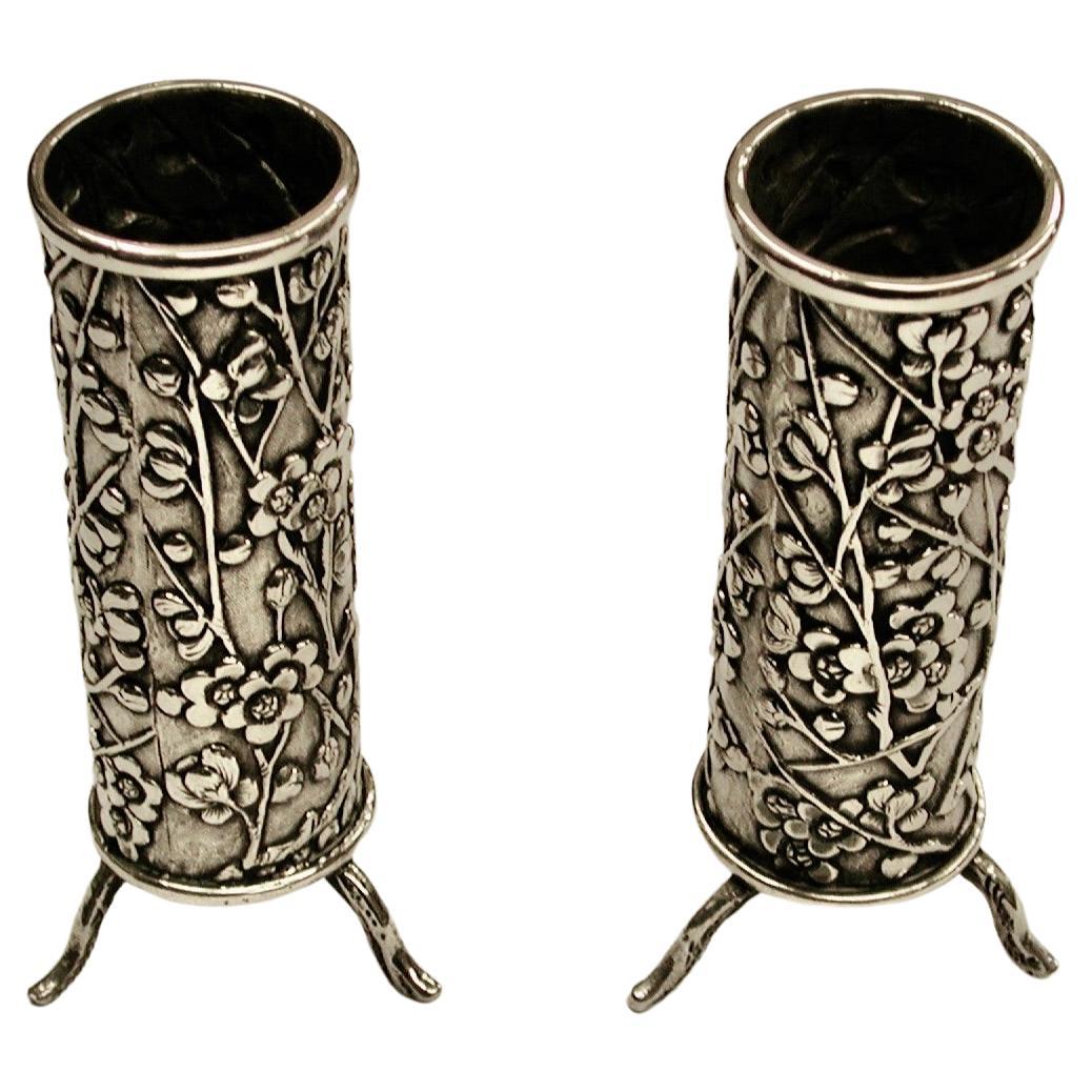Pair of Chinese Silver Prunus Blossom Vases, Maker Wang Hing & Co, circa 1890 For Sale