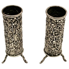 Antique Pair of Chinese Silver Prunus Blossom Vases, Maker Wang Hing & Co, circa 1890