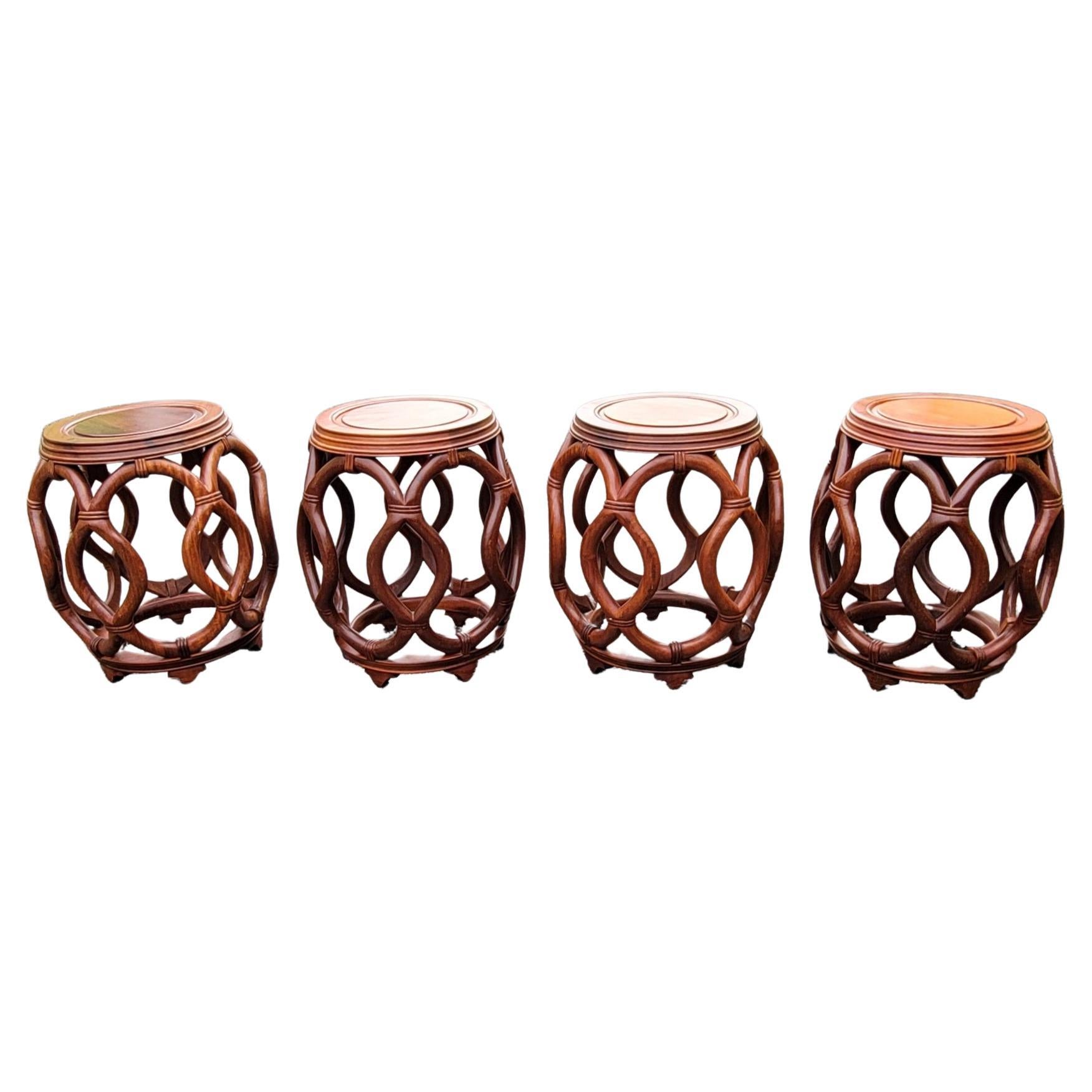 Pair of Chinese Solid Rosewood Faux Rattan Garden Style Stools or Side Tables For Sale 1