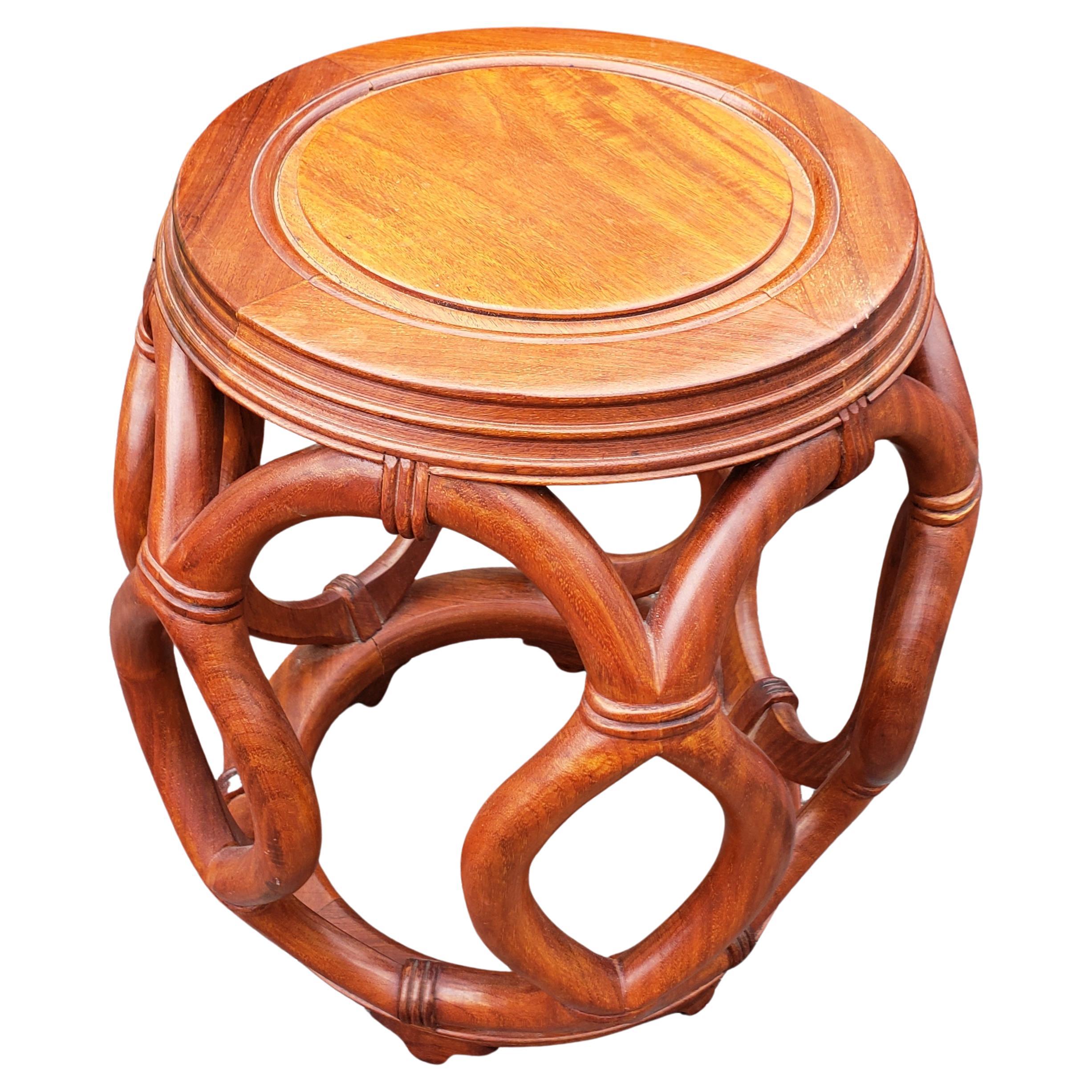 Ming Pair of Chinese Solid Rosewood Faux Rattan Garden Style Stools or Side Tables For Sale