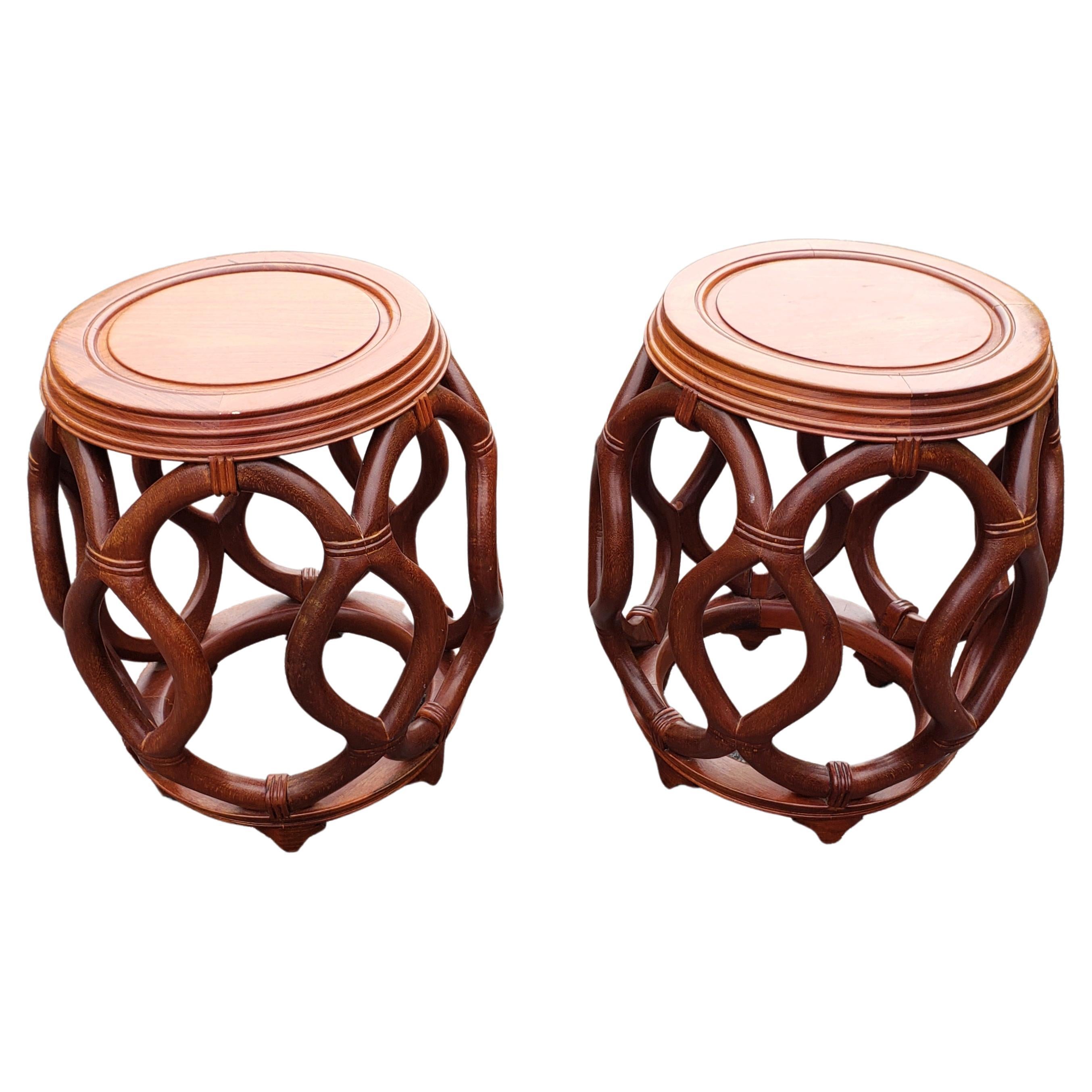 Hong Kong Pair of Chinese Solid Rosewood Faux Rattan Garden Style Stools or Side Tables For Sale