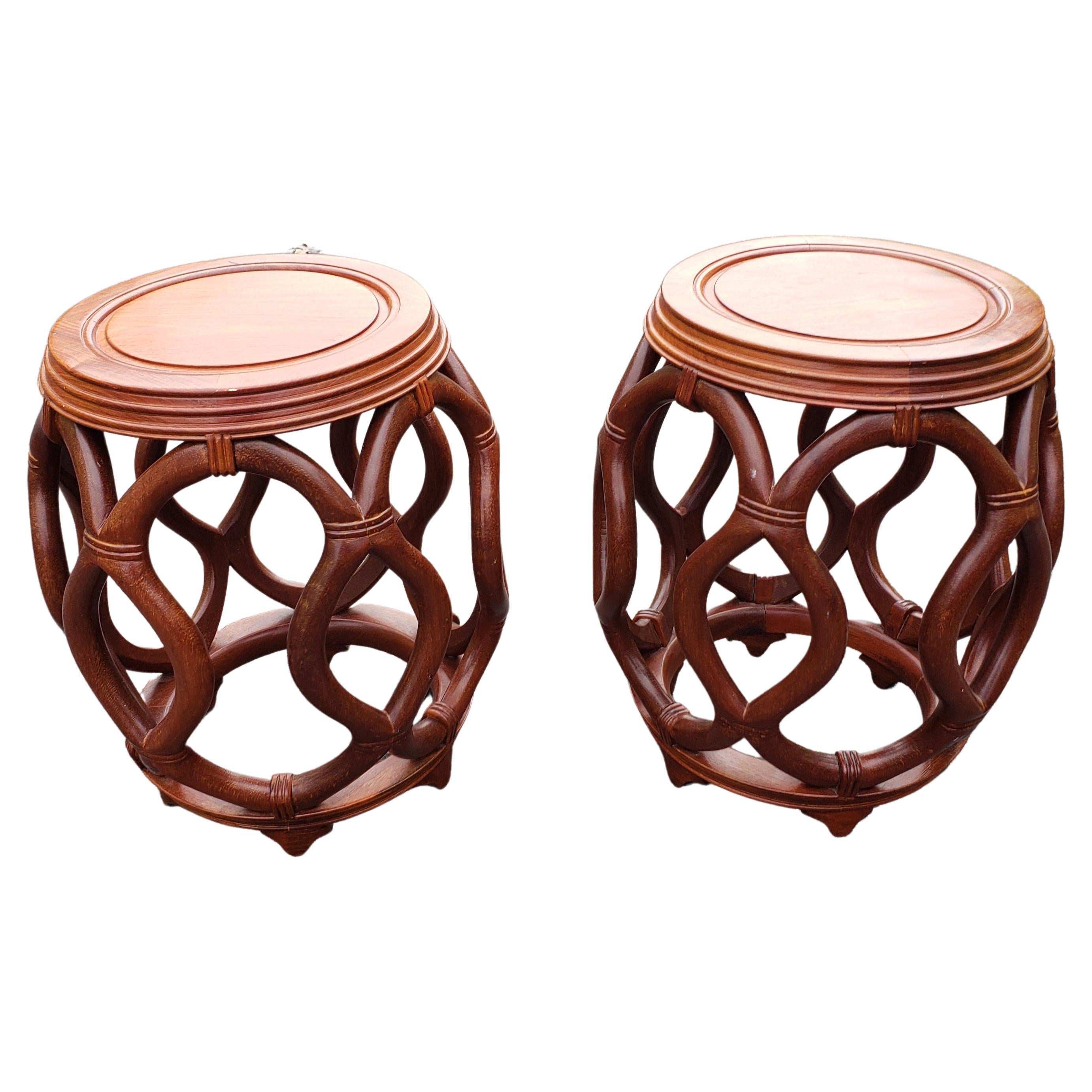 Hand-Carved Pair of Chinese Solid Rosewood Faux Rattan Garden Style Stools or Side Tables For Sale