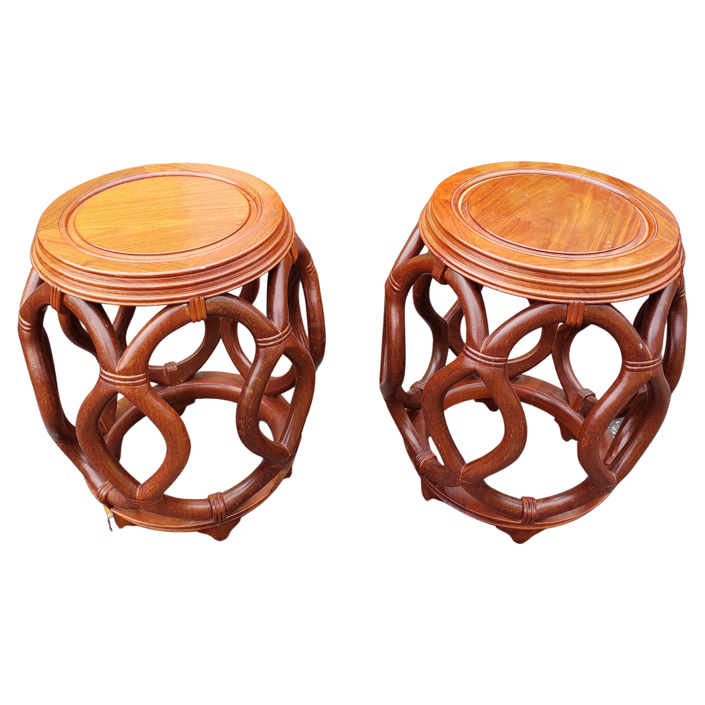 Pair of Chinese Solid Rosewood Faux Rattan Garden Style Stools or Side Tables In Good Condition For Sale In Germantown, MD