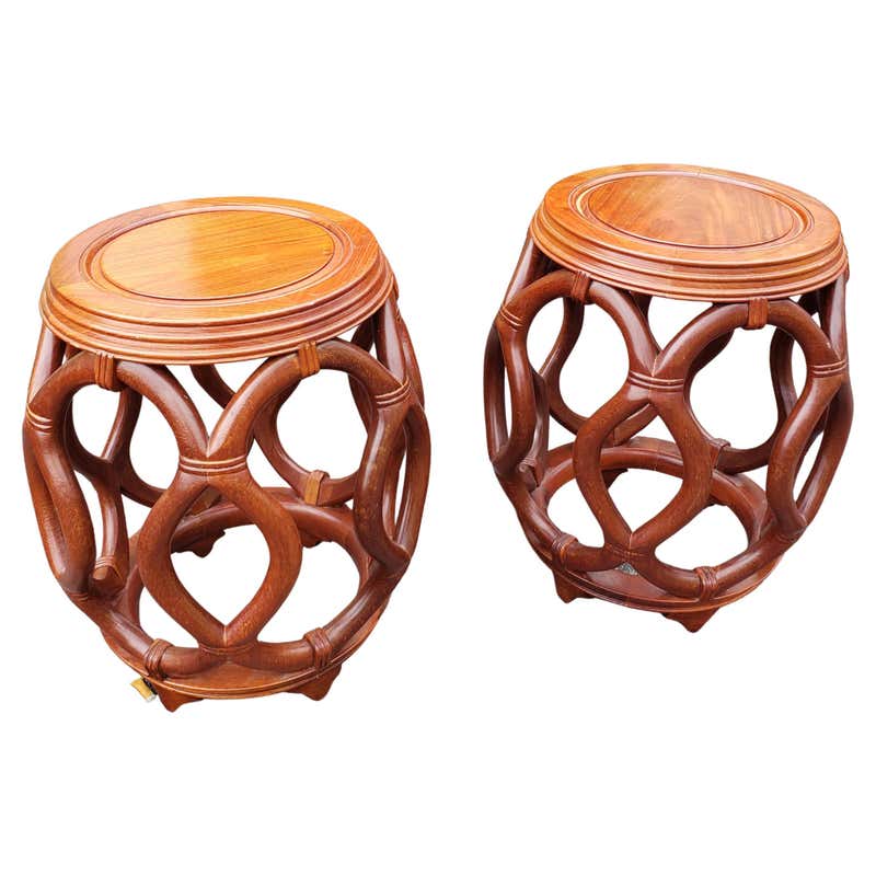 Asian Stool Pair of Chinese Solid Rosewood Faux Rattan Garden Style Stools or Side ...