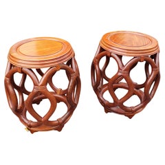 Pair of Chinese Solid Rosewood Faux Rattan Garden Style Stools or Side Tables