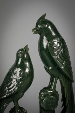 Pair of Chinese Spinach Green Jade Bird Groups, circa 1880
