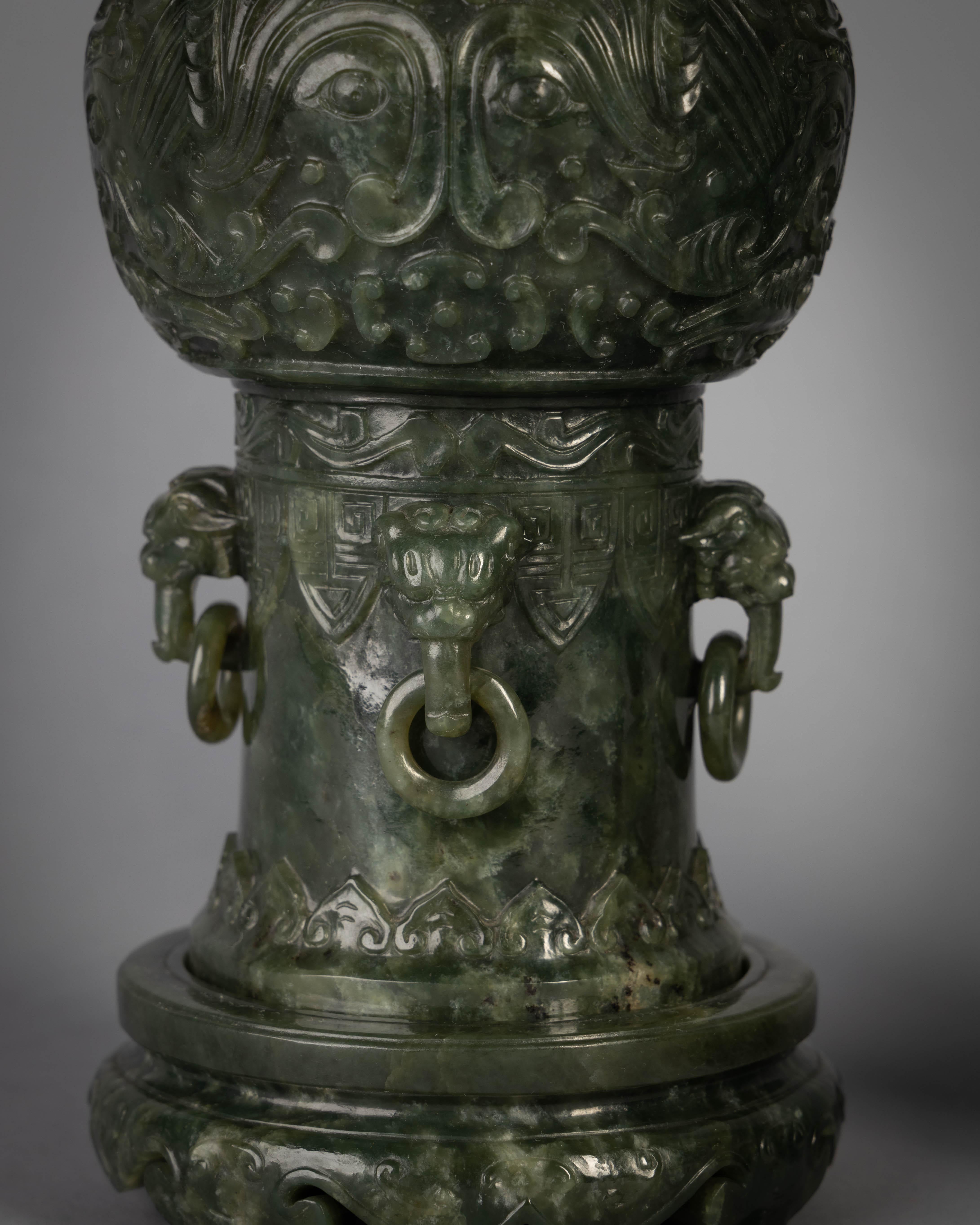 Pair of Chinese Spinach Jade Beaker Vases on Stands, 19th Century For Sale 1