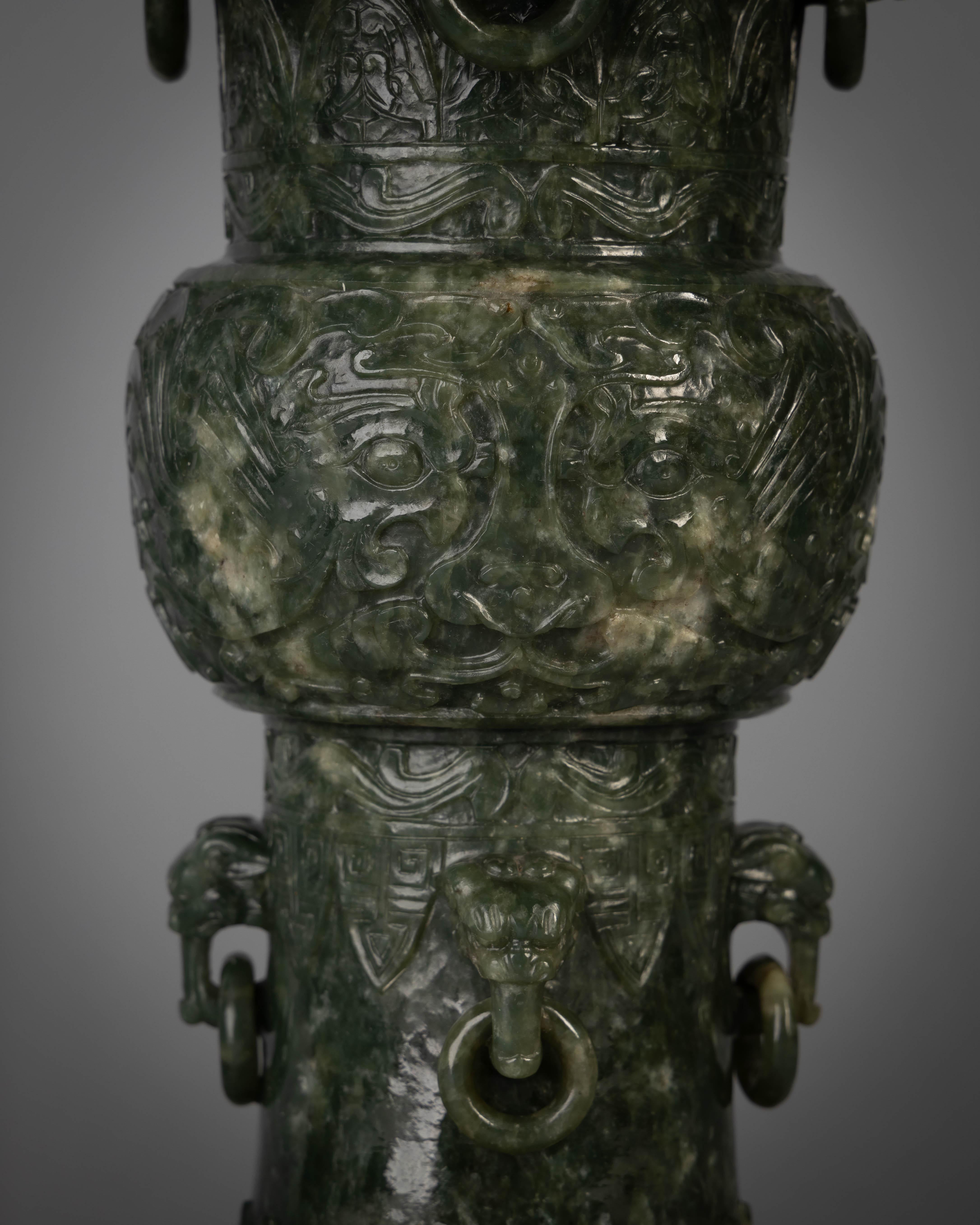 Pair of Chinese Spinach Jade Beaker Vases on Stands, 19th Century For Sale 2