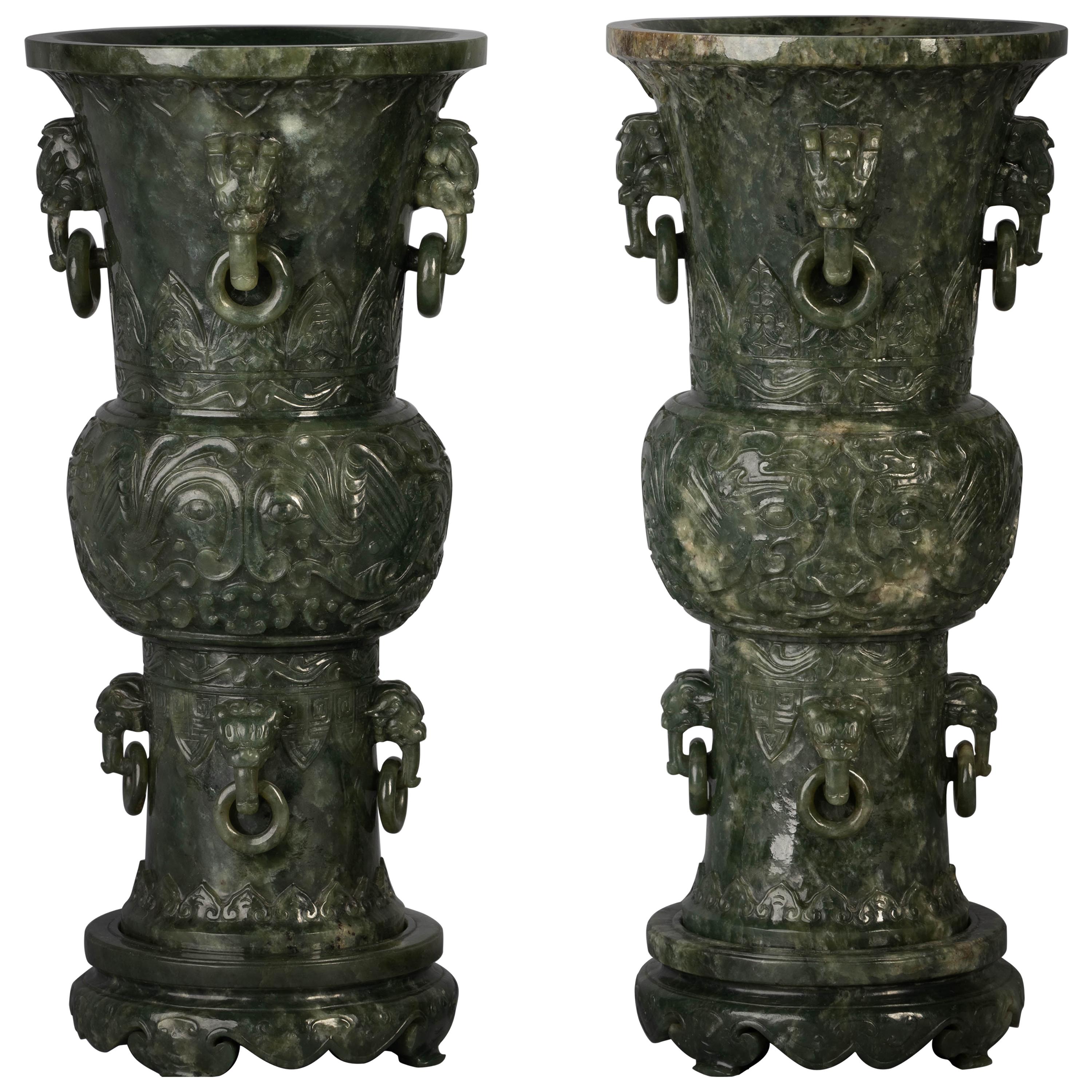 Pair of Chinese Spinach Jade Beaker Vases on Stands, 19th Century For Sale