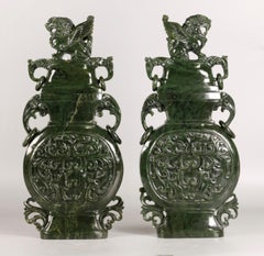 pair of Chinese spinach jade cover vases