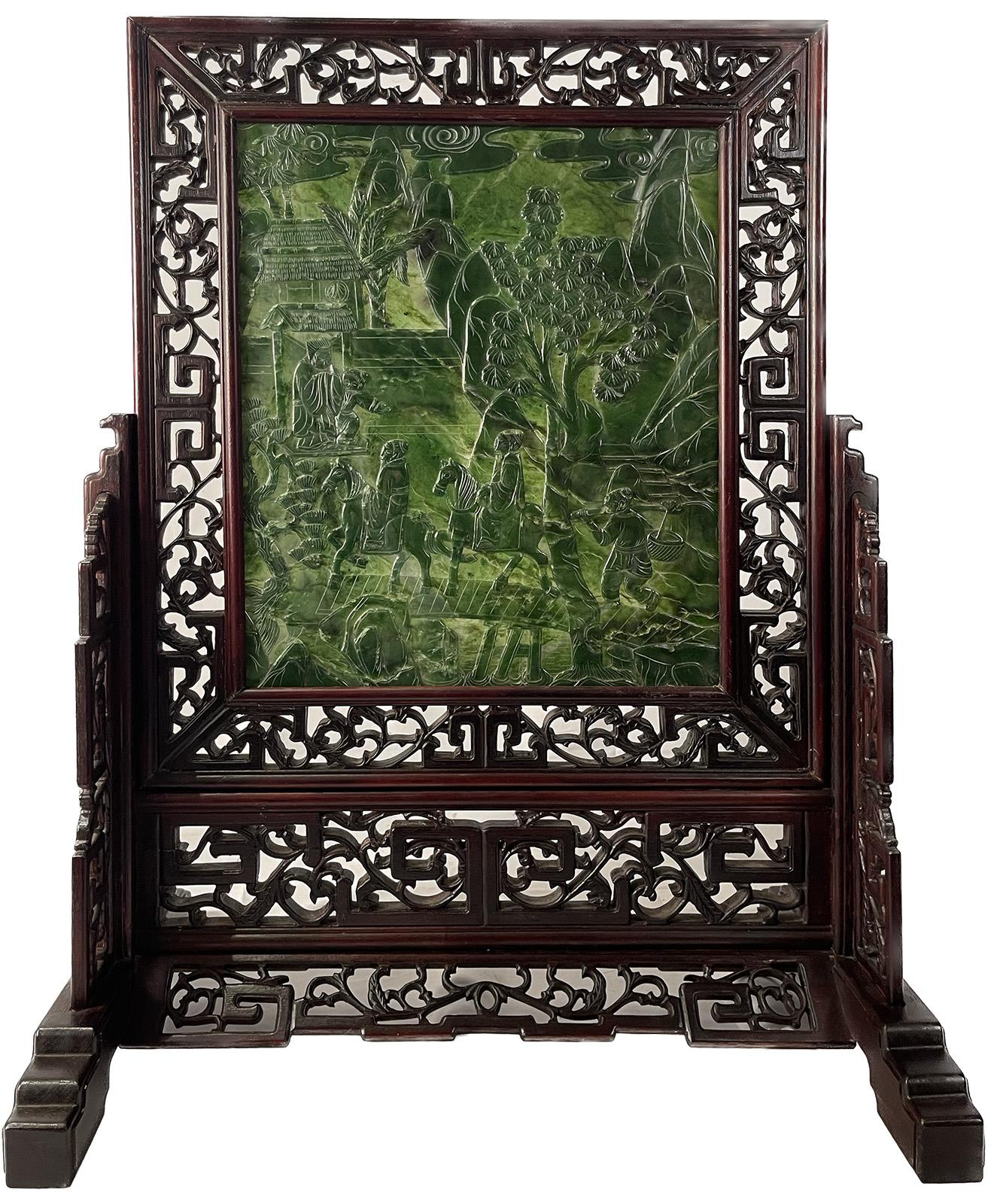 Pair of Chinese Spinach Jade Table Screens In Good Condition For Sale In Salt Lake City, UT