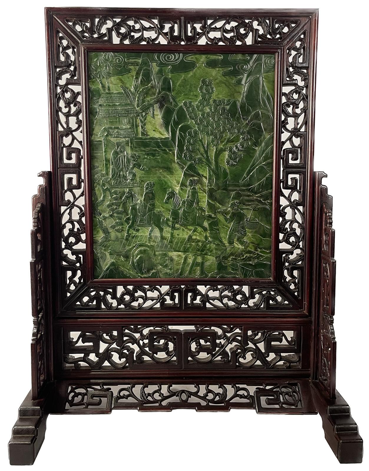 20th Century Pair of Chinese Spinach Jade Table Screens For Sale