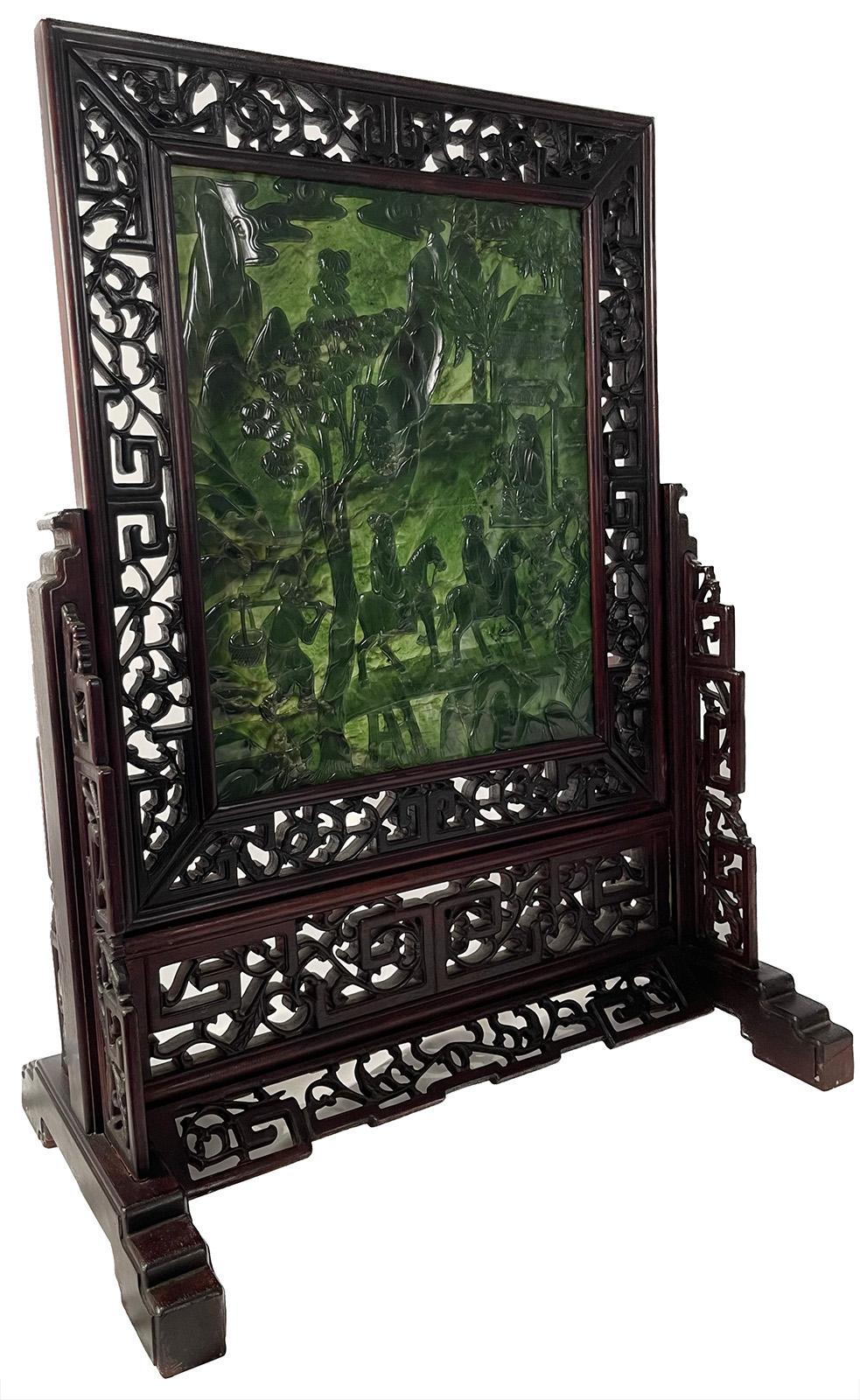 Pair of Chinese Spinach Jade Table Screens For Sale 1