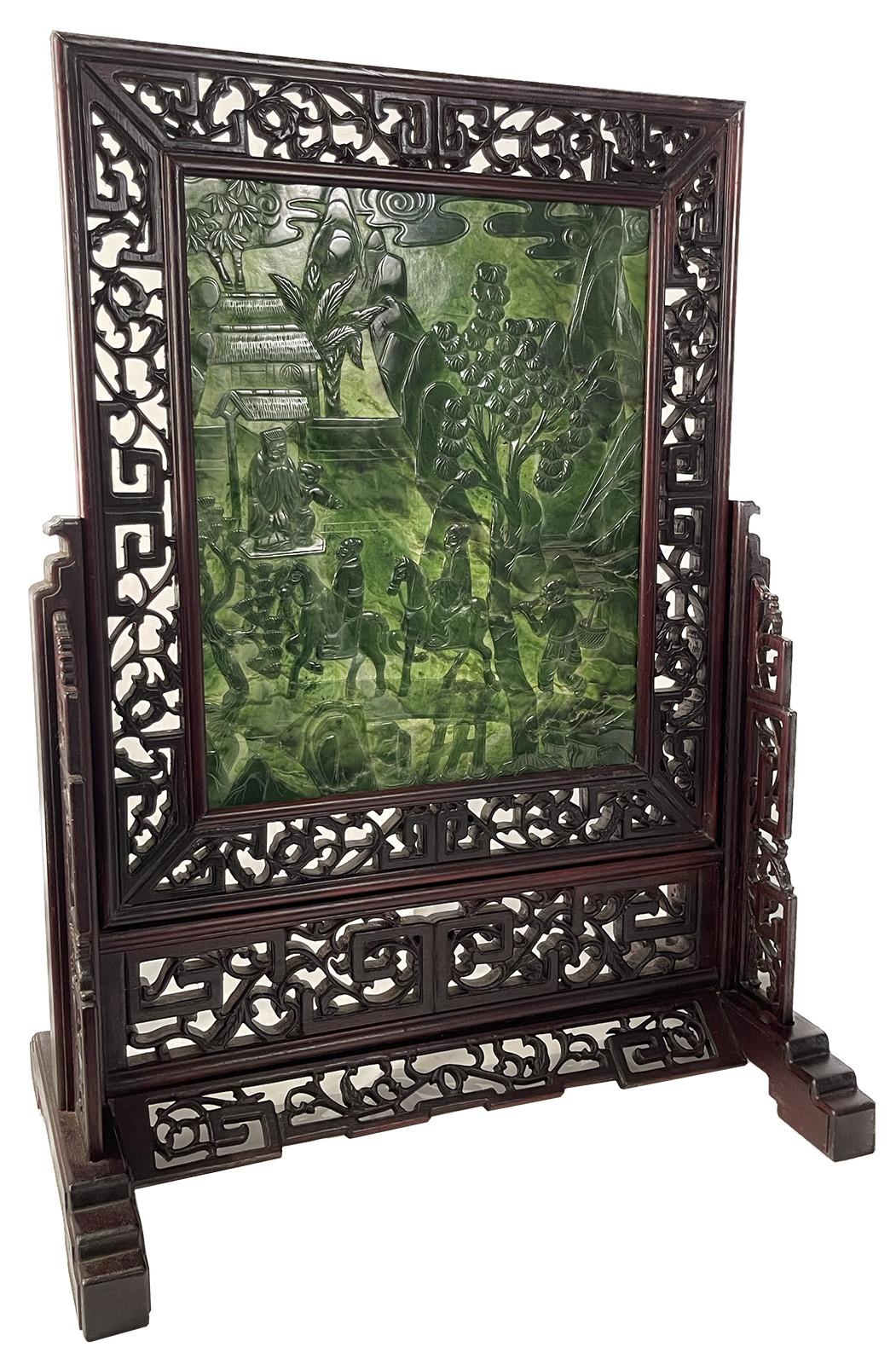 Pair of Chinese Spinach Jade Table Screens For Sale 2