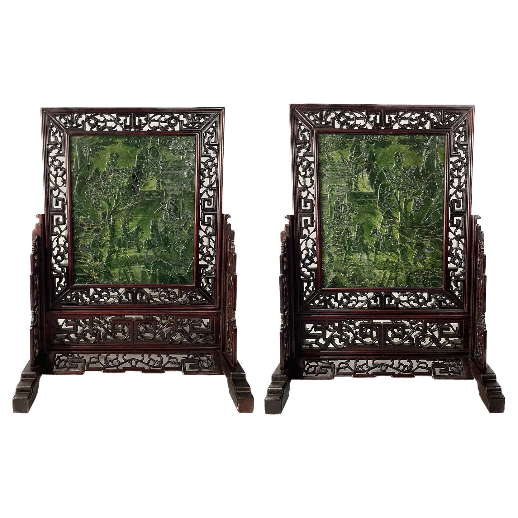 Pair of Chinese Spinach Jade Table Screens For Sale