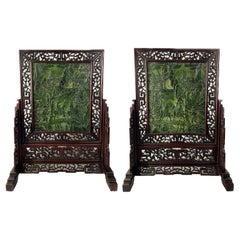 Antique Pair of Chinese Spinach Jade Table Screens