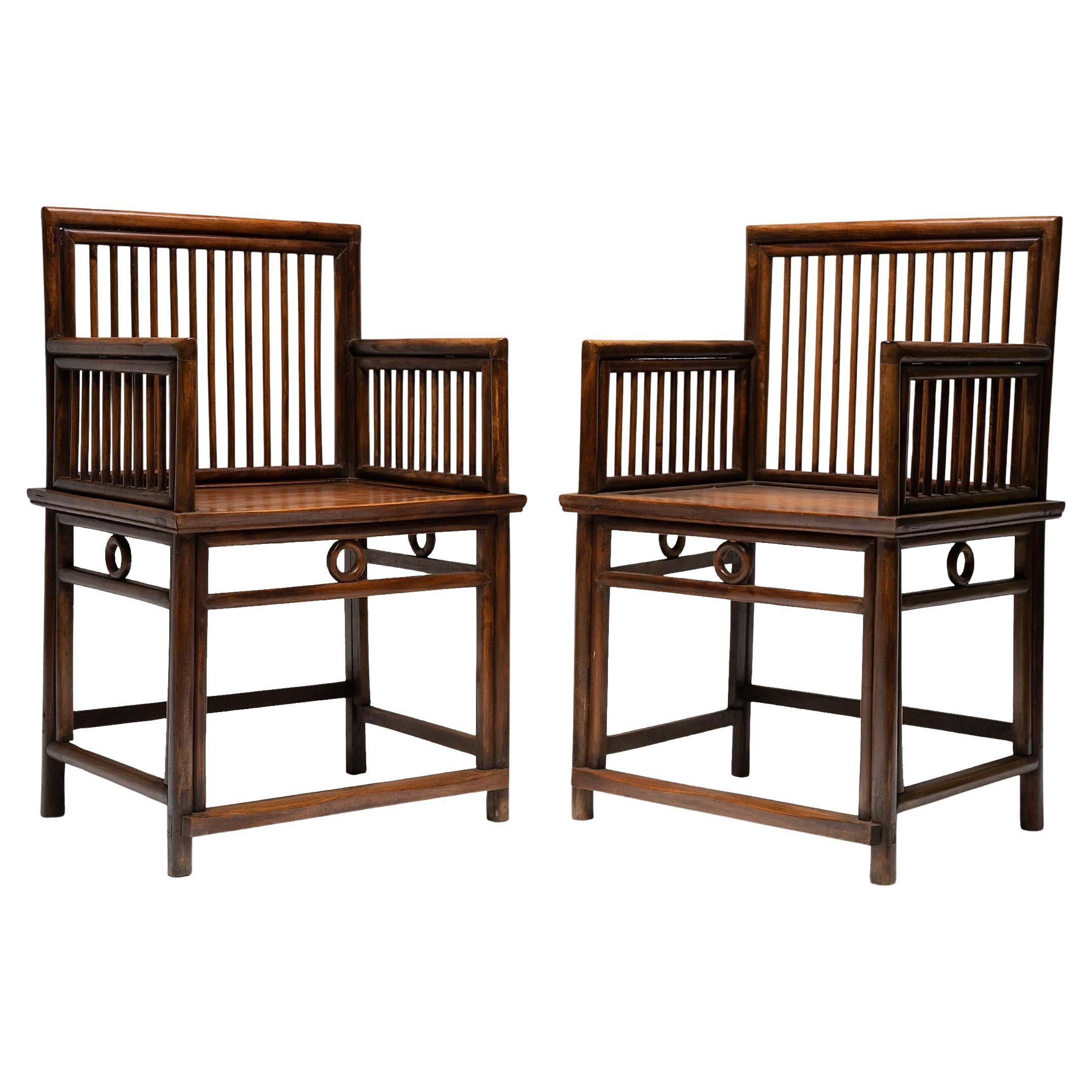 Pair of Chinese Spindleback Rose Chairs, c. 1850 For Sale