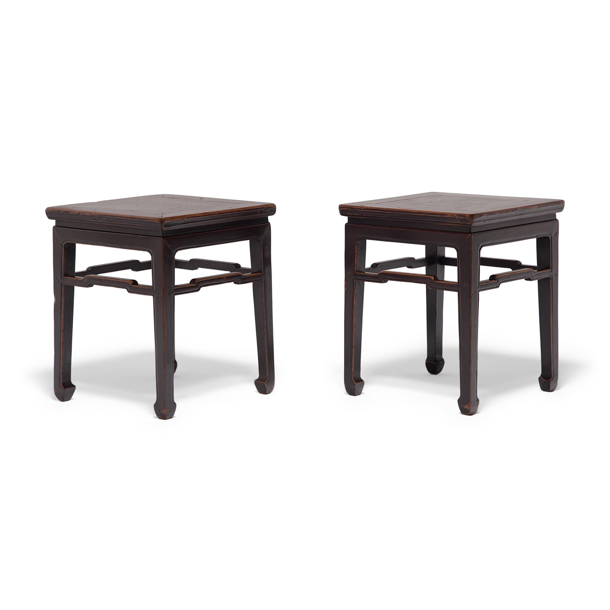Qing Pair of Chinese Square Stools with Humpback Stretchers, c. 1850