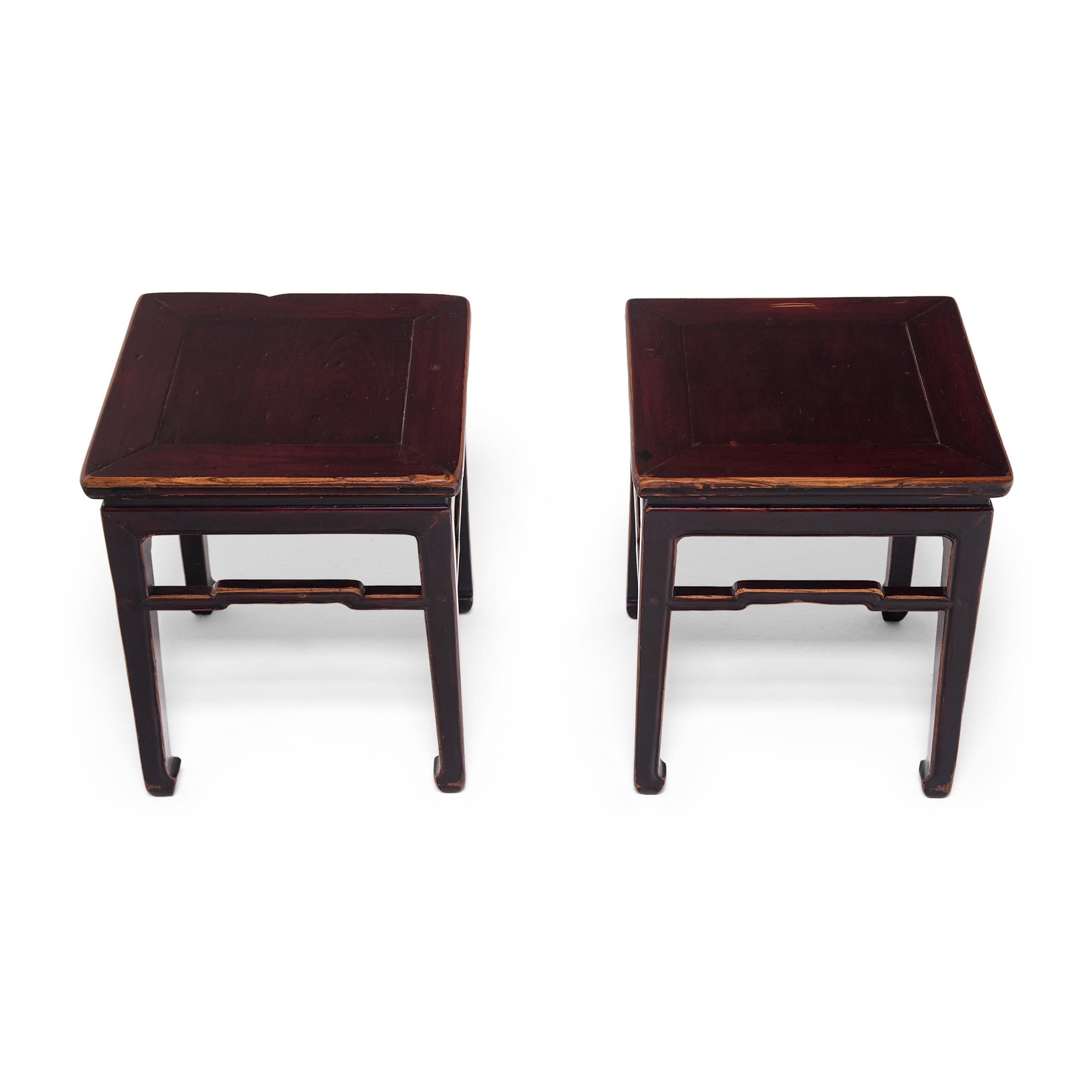 Lacquered Pair of Chinese Square Stools with Humpback Stretchers, c. 1850