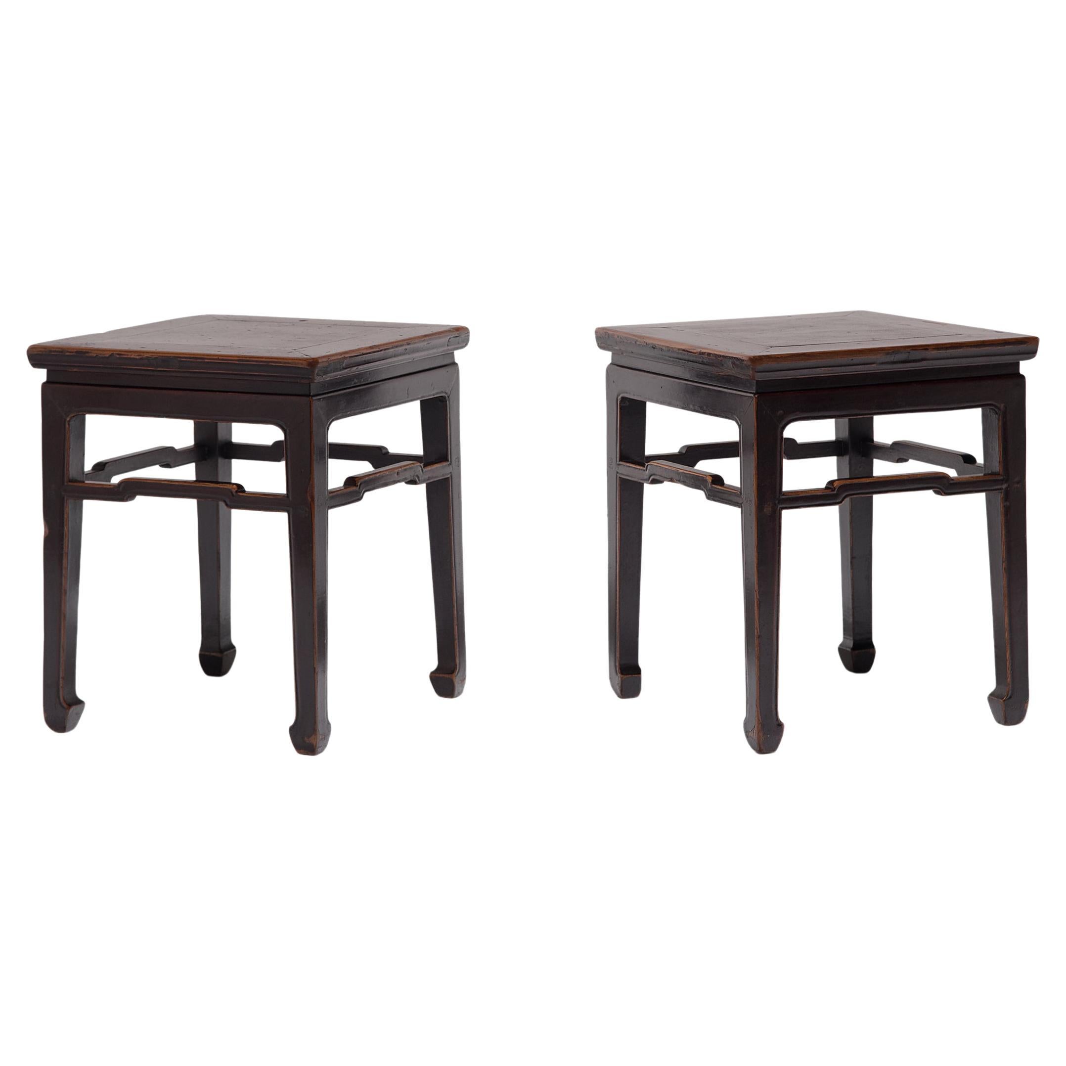 Pair of Chinese Square Stools with Humpback Stretchers, c. 1850